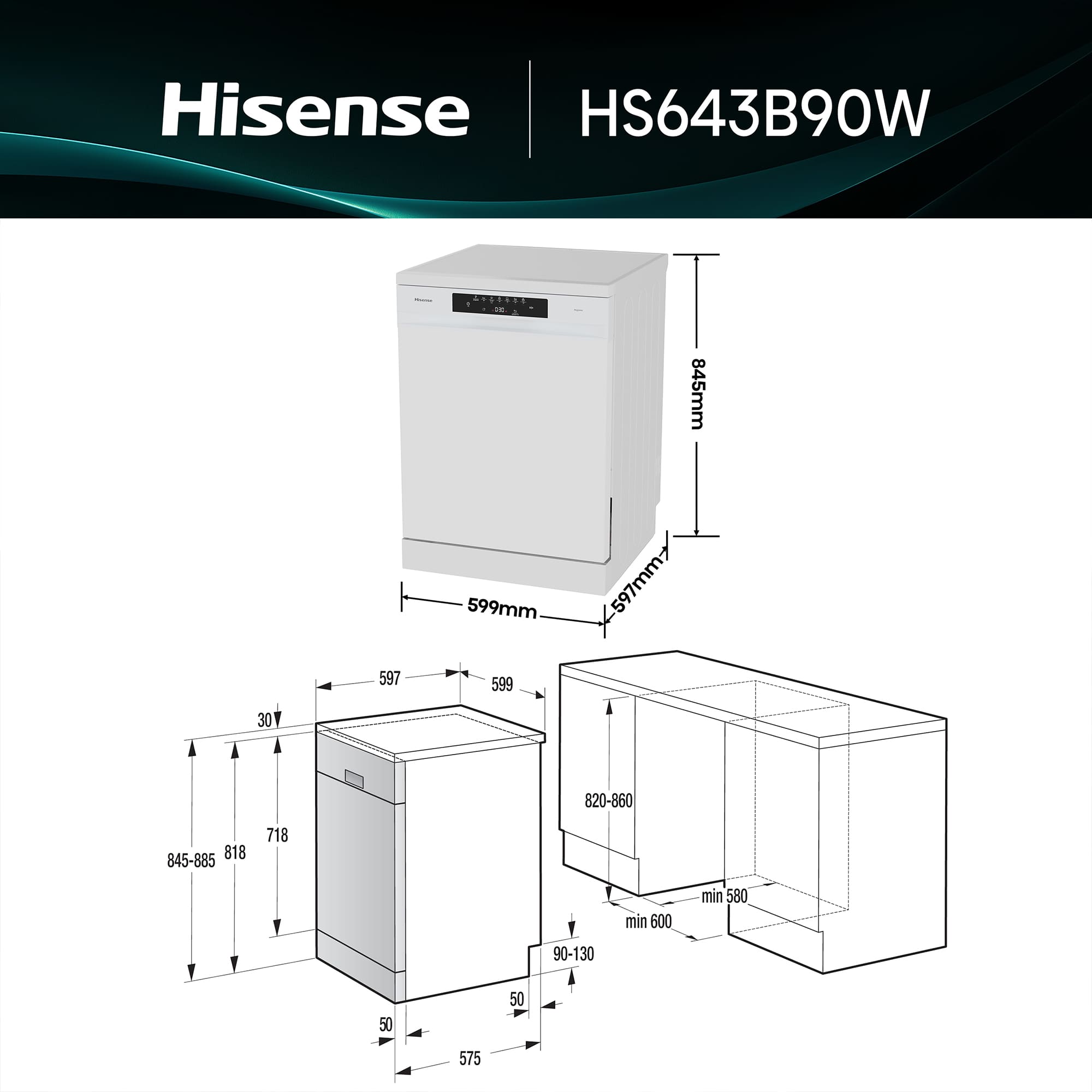 Hisense - HS643B90W – Lavavajillas 60Cm De Libre Instalación, Clase B, Capacidad 15 Serv., Color Blanco