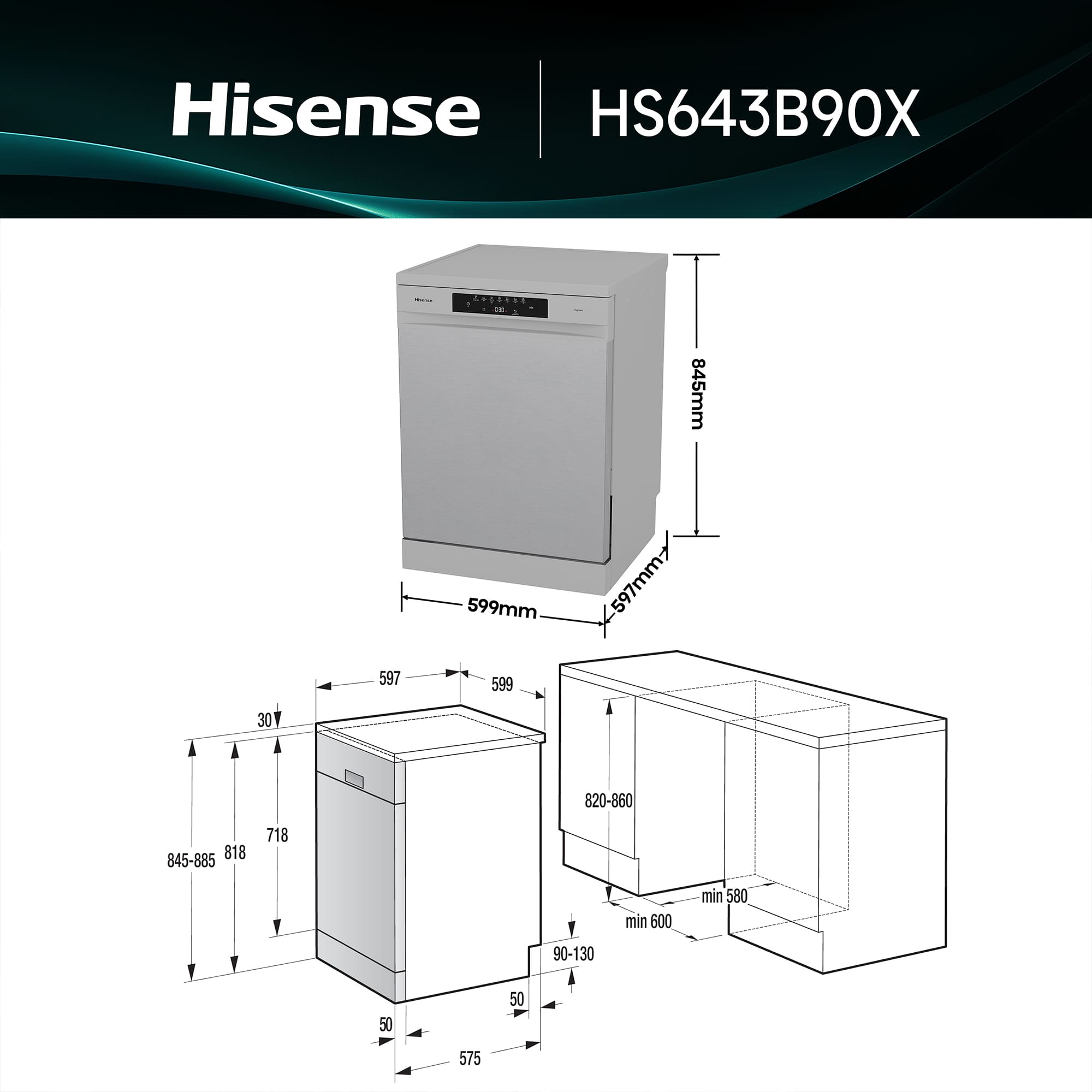 Hisense - HS643B90X – Lavavajillas 60Cm De Libre Instalación, Clase B, Capacidad 15 Serv., Color Inox