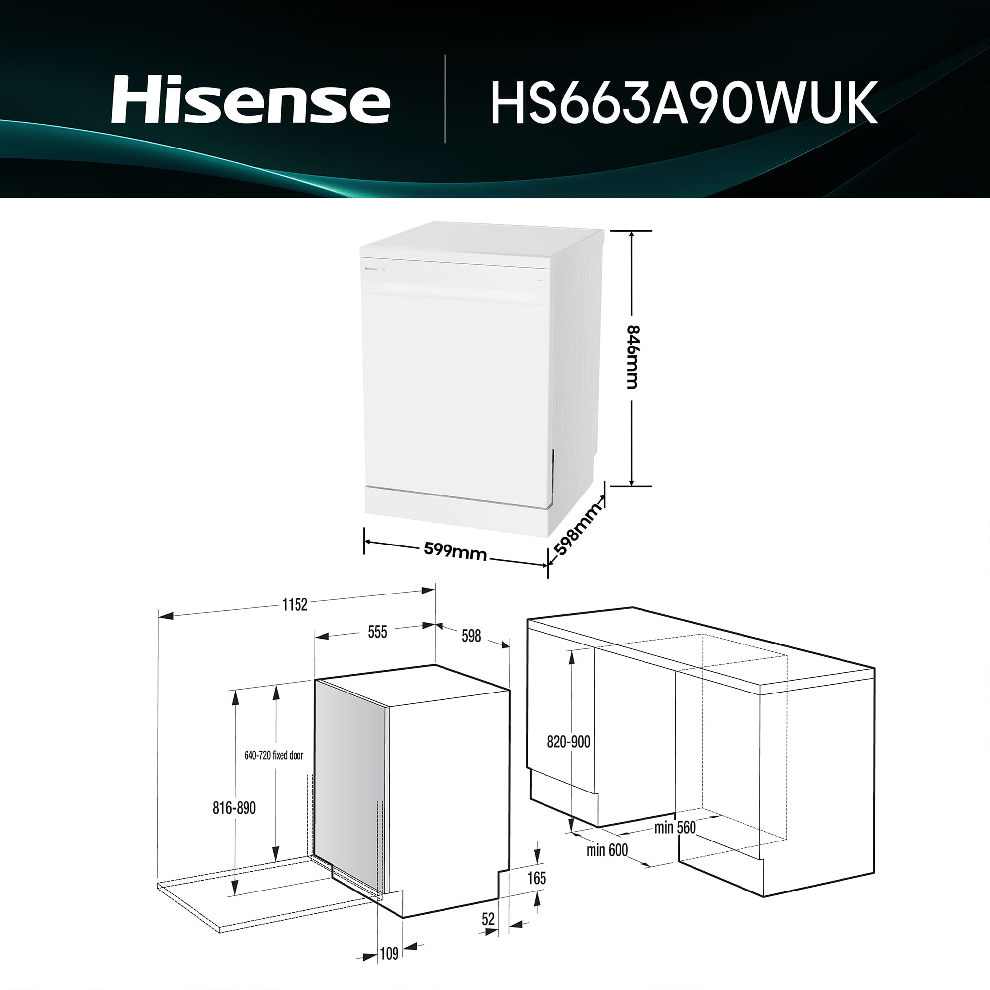 Hisense - HS663A90WUK – Lavavajillas 60Cm De Libre Instalación, Clase A, Capacidad 16 Serv., Color Blanco