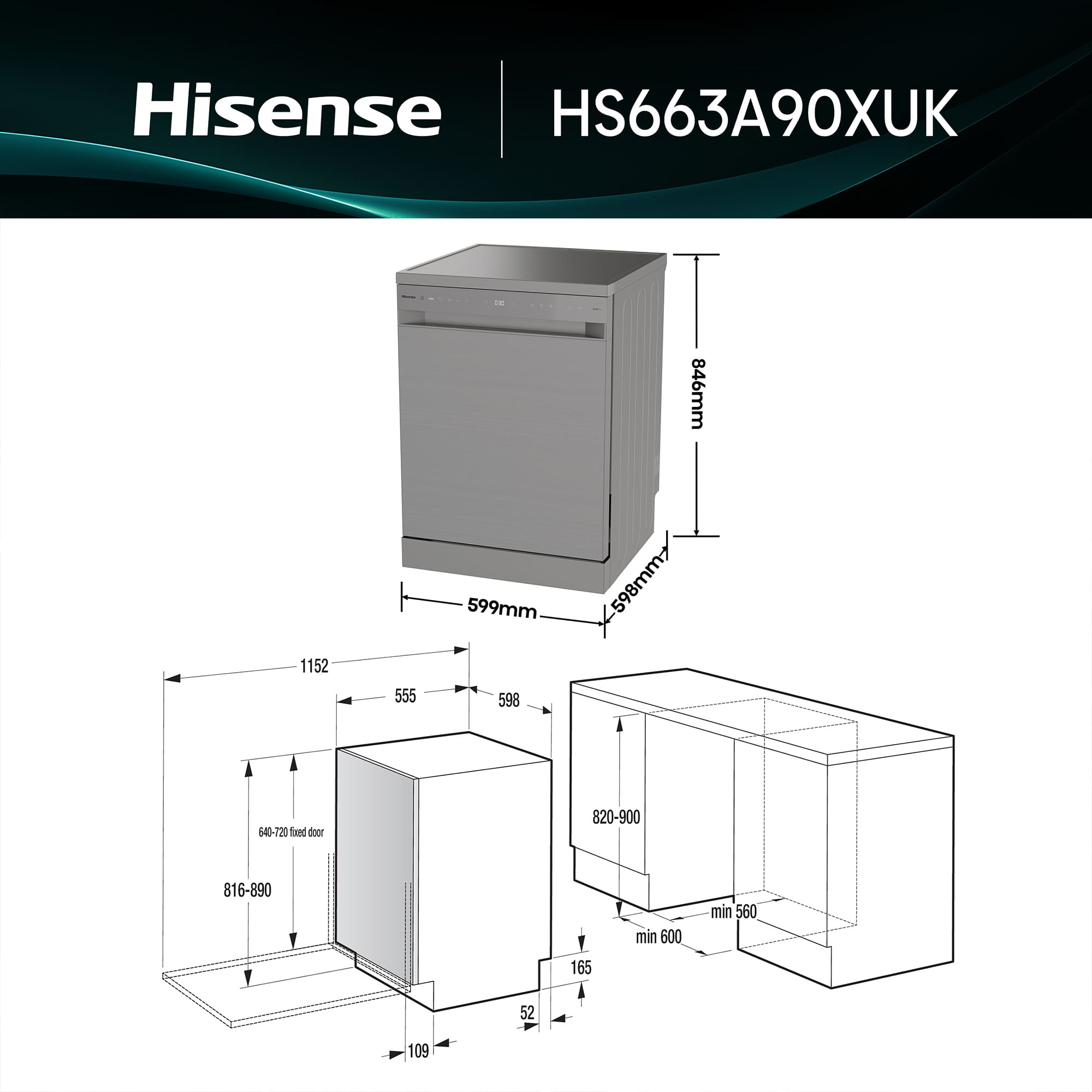 Hisense - HS663A90XUK – Lavavajillas 60Cm De Libre Instalación, Clase A, Capacidad 16 Serv., Color Inox