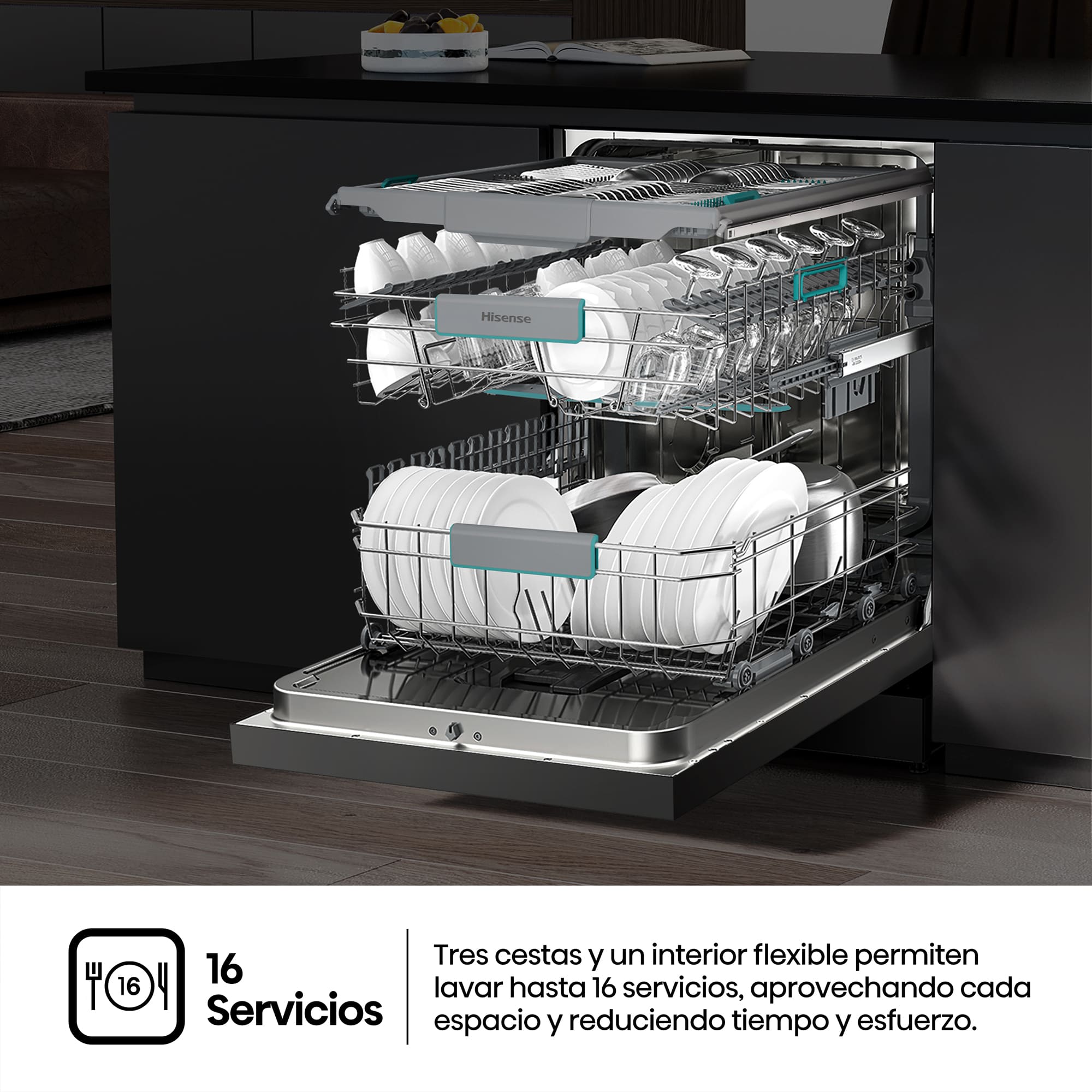 Hisense - HS663A90XUK – Lavavajillas 60Cm De Libre Instalación, Clase A, Capacidad 16 Serv., Color Inox
