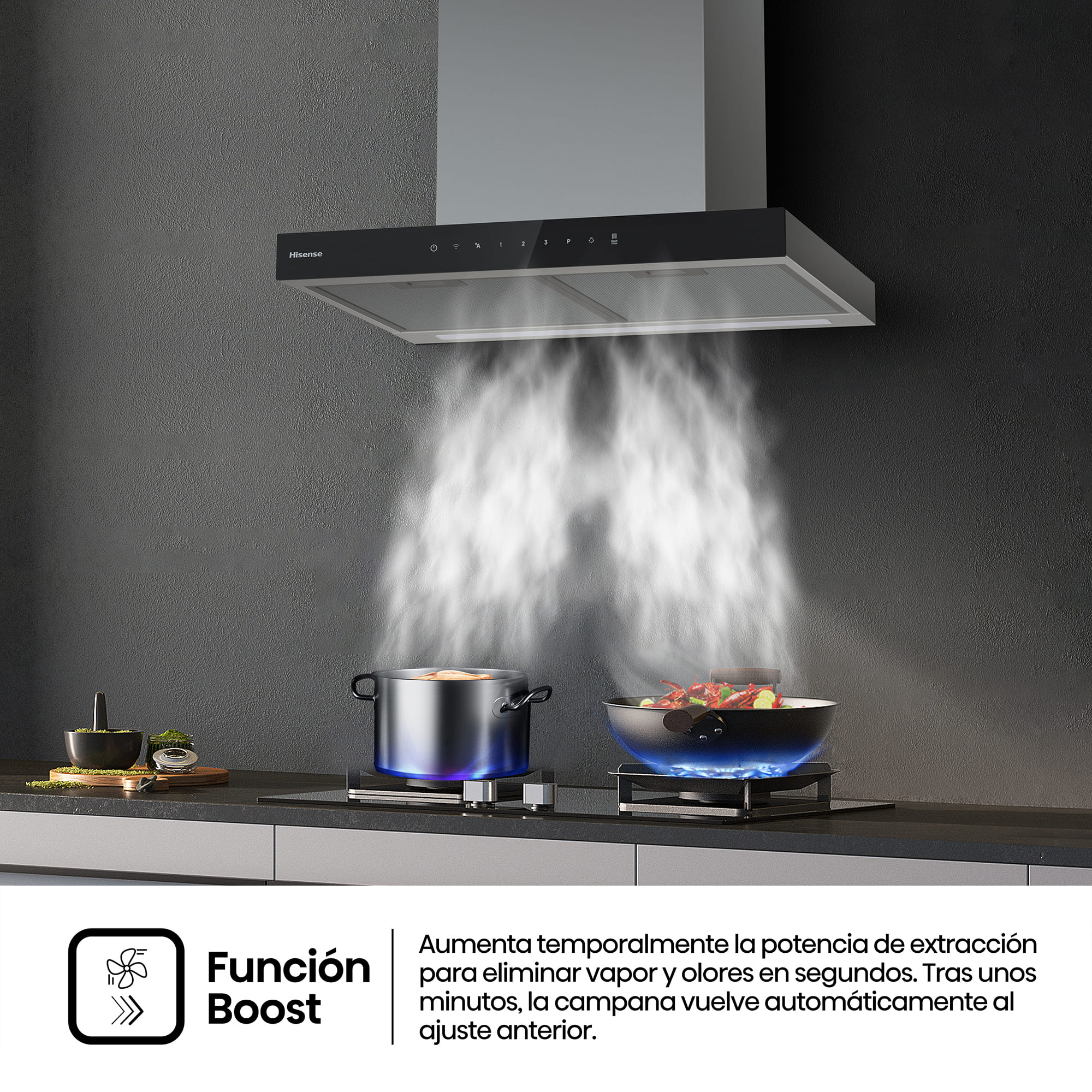 Hisense - CH6T6226XGB – Campana T Invertida 60Cm, Clase A+, Capacidad 446M³/H, Color Inox