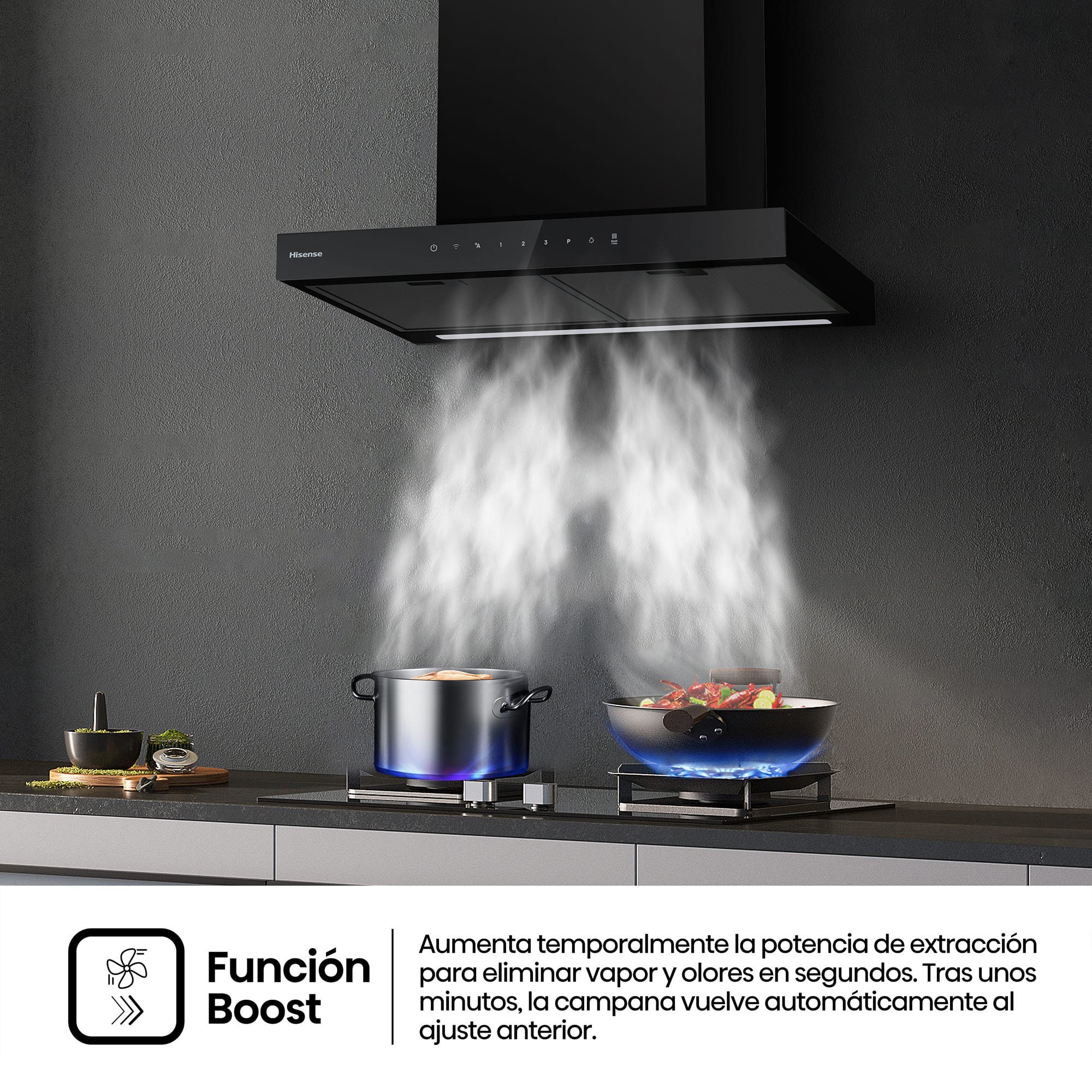 Hisense - CH6T6226B – Campana T Invertida 60Cm, Clase A+, Capacidad 446M³/H, Color Negro