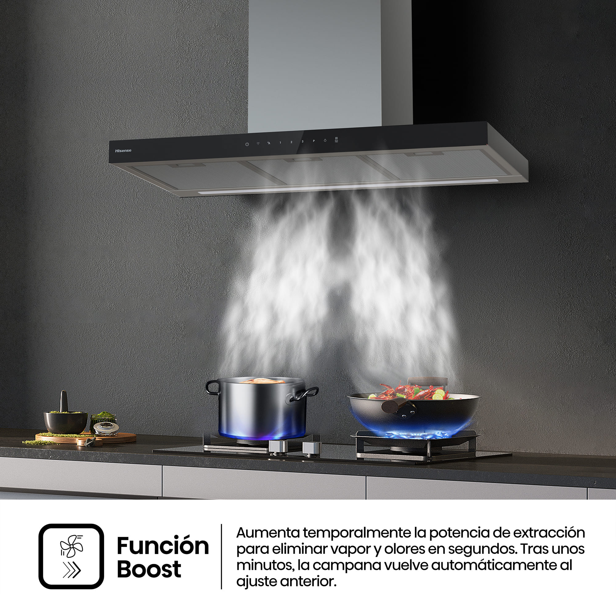 Hisense - CH9T6226XGB – Campana T Invertida 90Cm, Clase A+, Capacidad 446M³/H, Color Inox