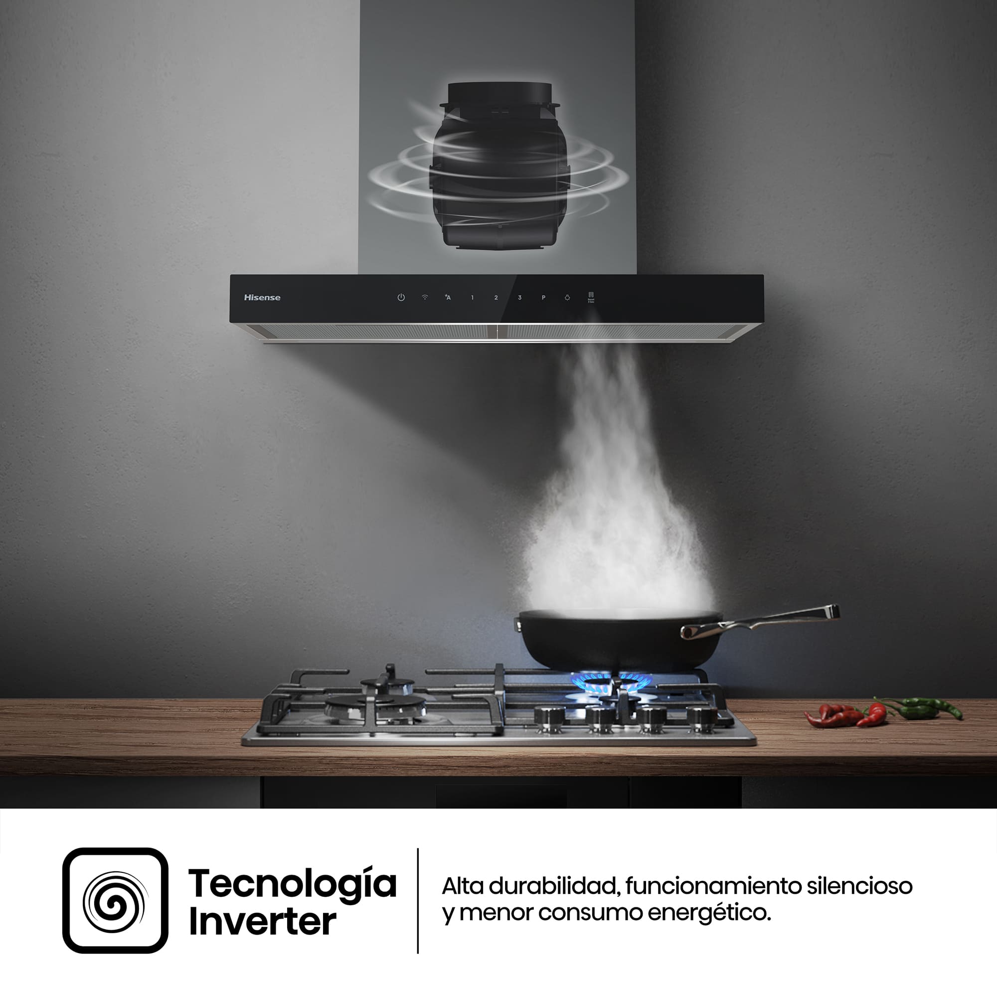 Hisense - CH6T6226XGB – Campana T Invertida 60Cm, Clase A+, Capacidad 446M³/H, Color Inox