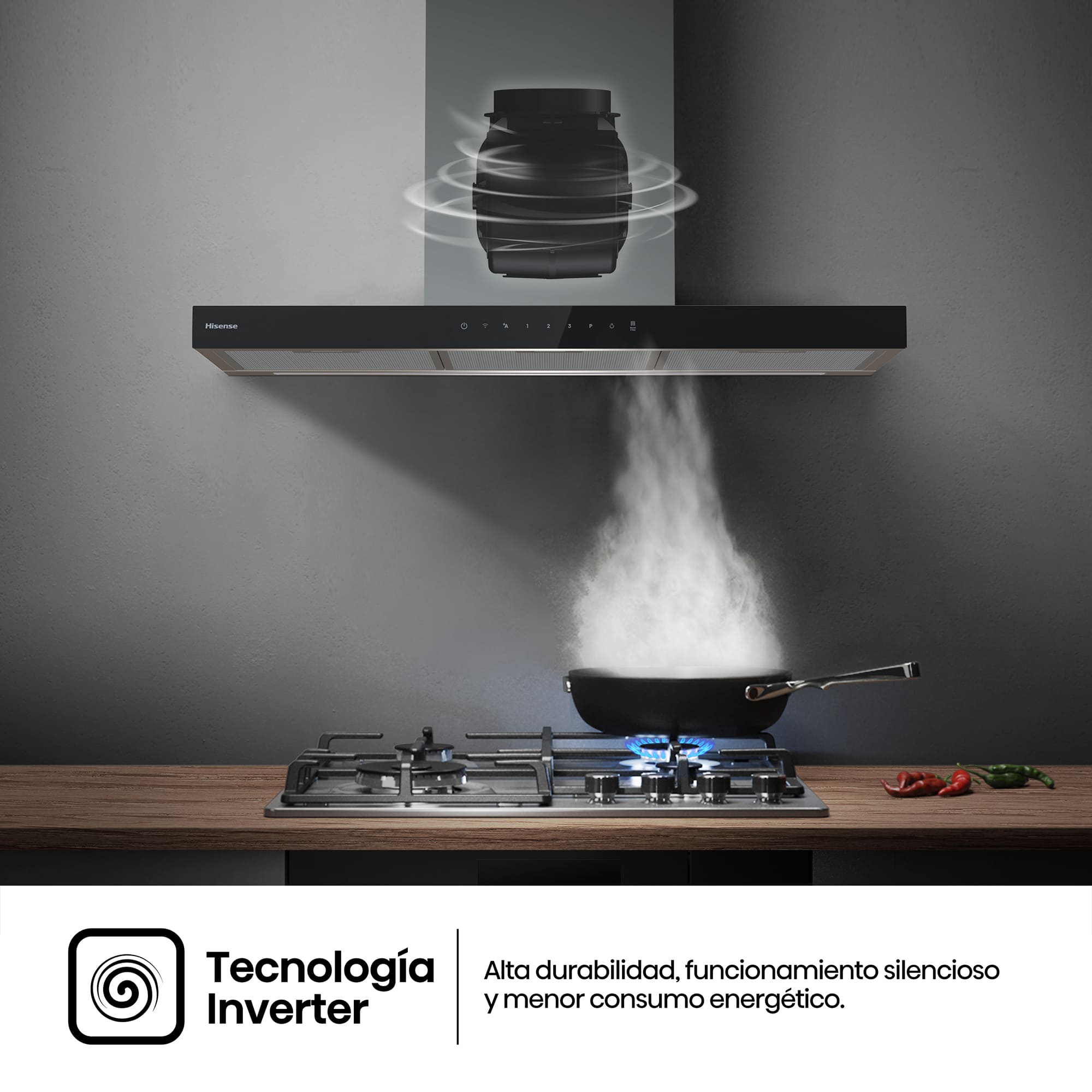 Hisense - CH9T6226XGB – Campana T Invertida 90Cm, Clase A+, Capacidad 446M³/H, Color Inox