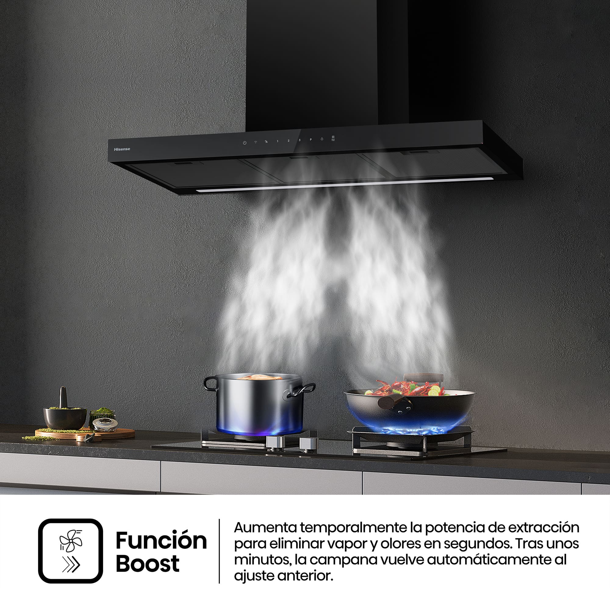 Hisense - CH9T6226B – Campana T Invertida 90Cm, Clase A+, Capacidad 446M³/H, Color Negro