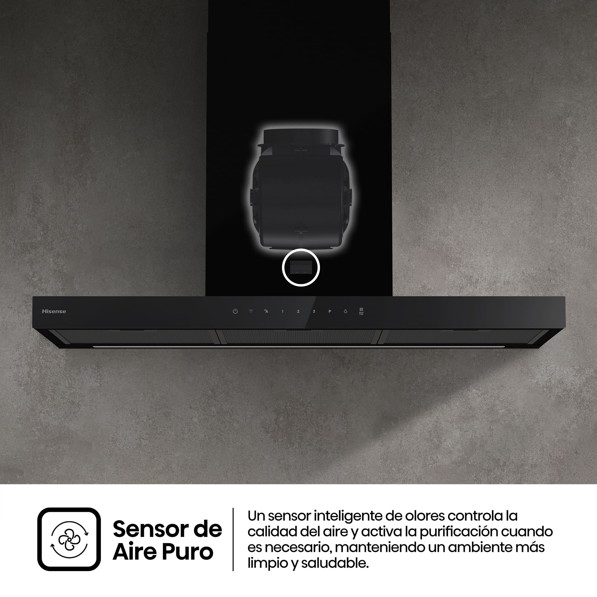 Hisense - CH9T6226B – Campana T Invertida 90Cm, Clase A+, Capacidad 446M³/H, Color Negro