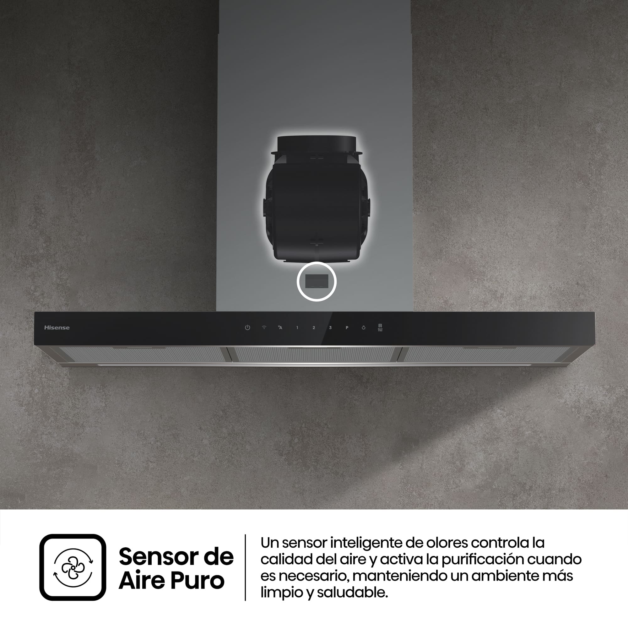 Hisense - CH9T6226XGB – Campana T Invertida 90Cm, Clase A+, Capacidad 446M³/H, Color Inox