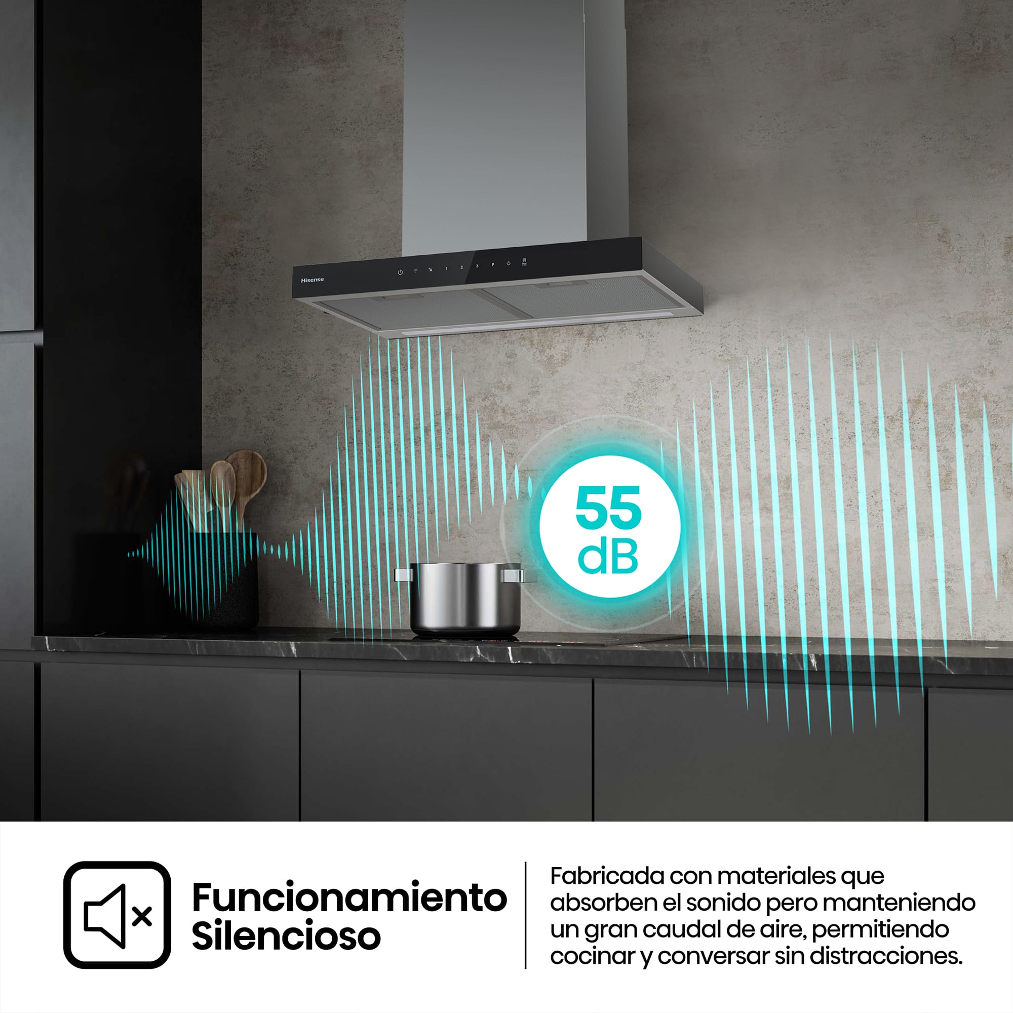 Hisense - CH6T6226XGB – Campana T Invertida 60Cm, Clase A+, Capacidad 446M³/H, Color Inox