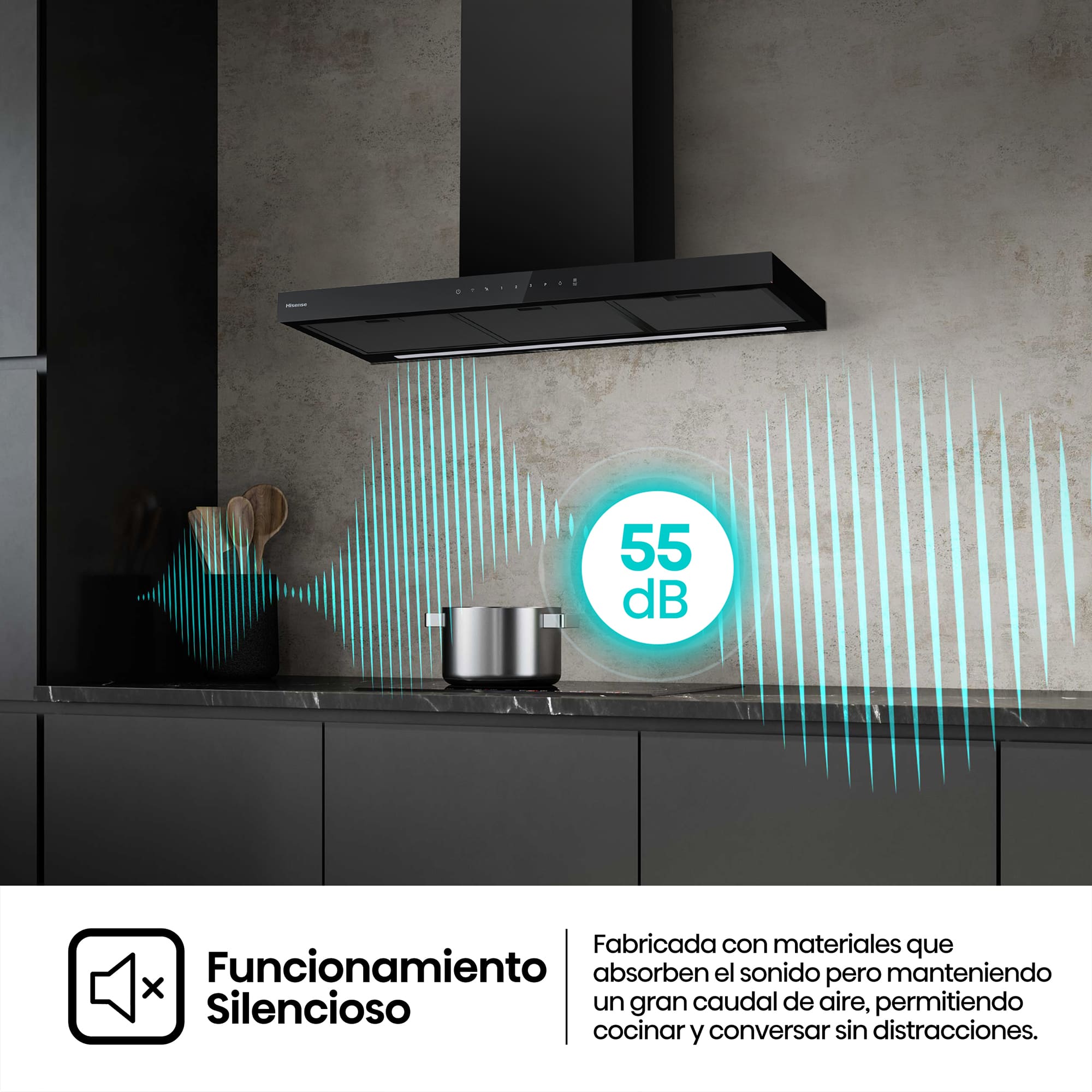Hisense - CH9T6226B – Campana T Invertida 90Cm, Clase A+, Capacidad 446M³/H, Color Negro