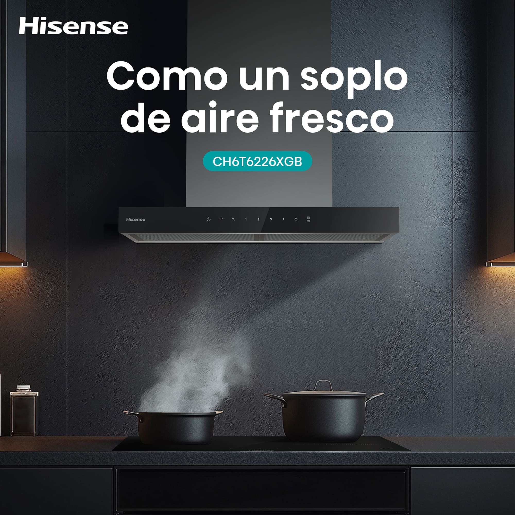 Hisense - CH6T6226XGB – Campana T Invertida 60Cm, Clase A+, Capacidad 446M³/H, Color Inox