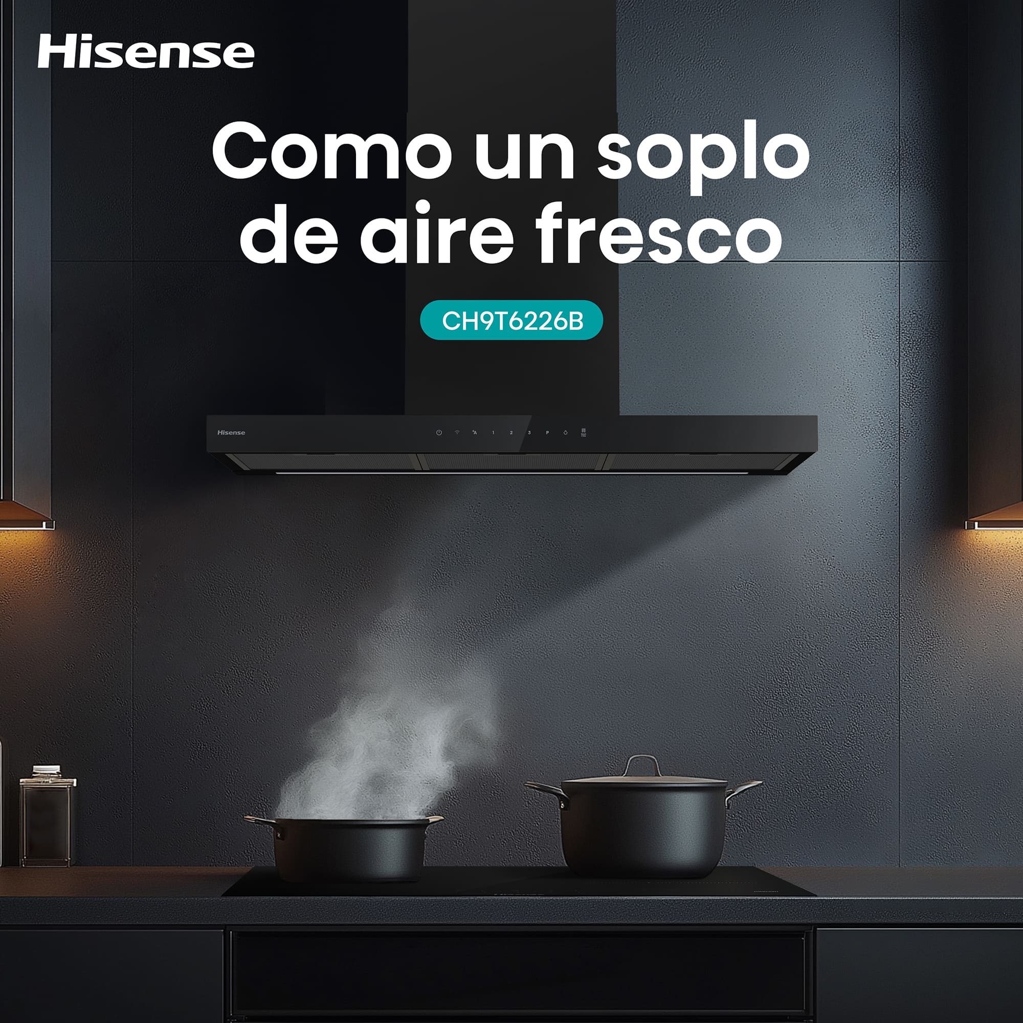 Hisense - CH9T6226B – Campana T Invertida 90Cm, Clase A+, Capacidad 446M³/H, Color Negro