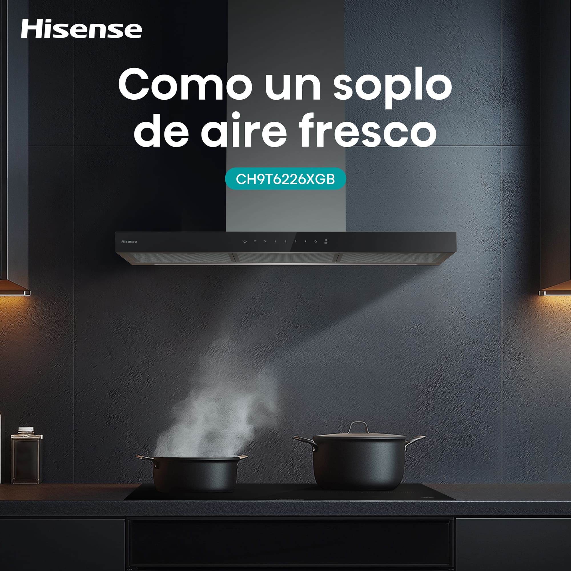 Hisense - CH9T6226XGB – Campana T Invertida 90Cm, Clase A+, Capacidad 446M³/H, Color Inox