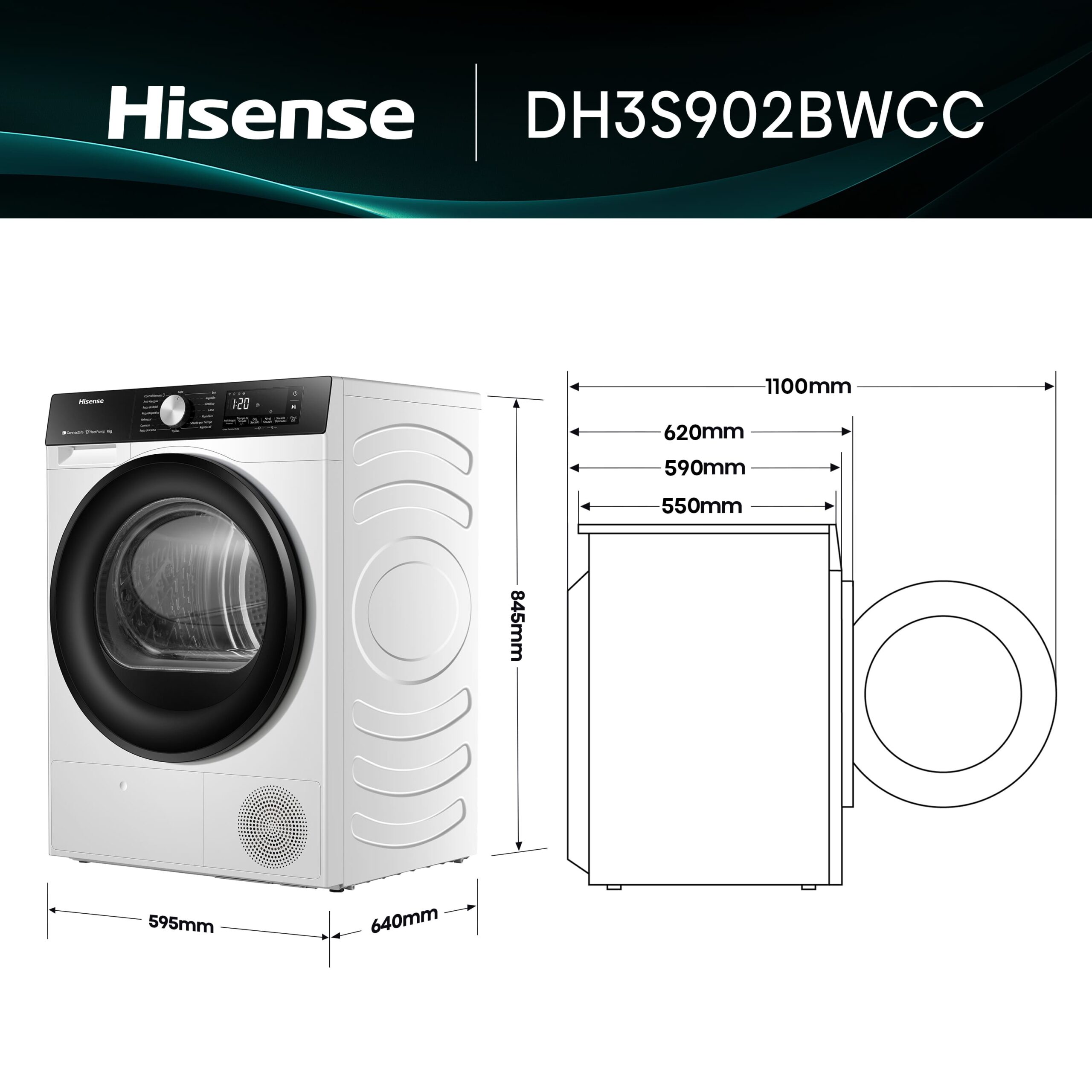 Hisense - DH3S902BWCC – Secadora De Libre Instalación, Clase C, Capacidad 9 kg, Color Blanco