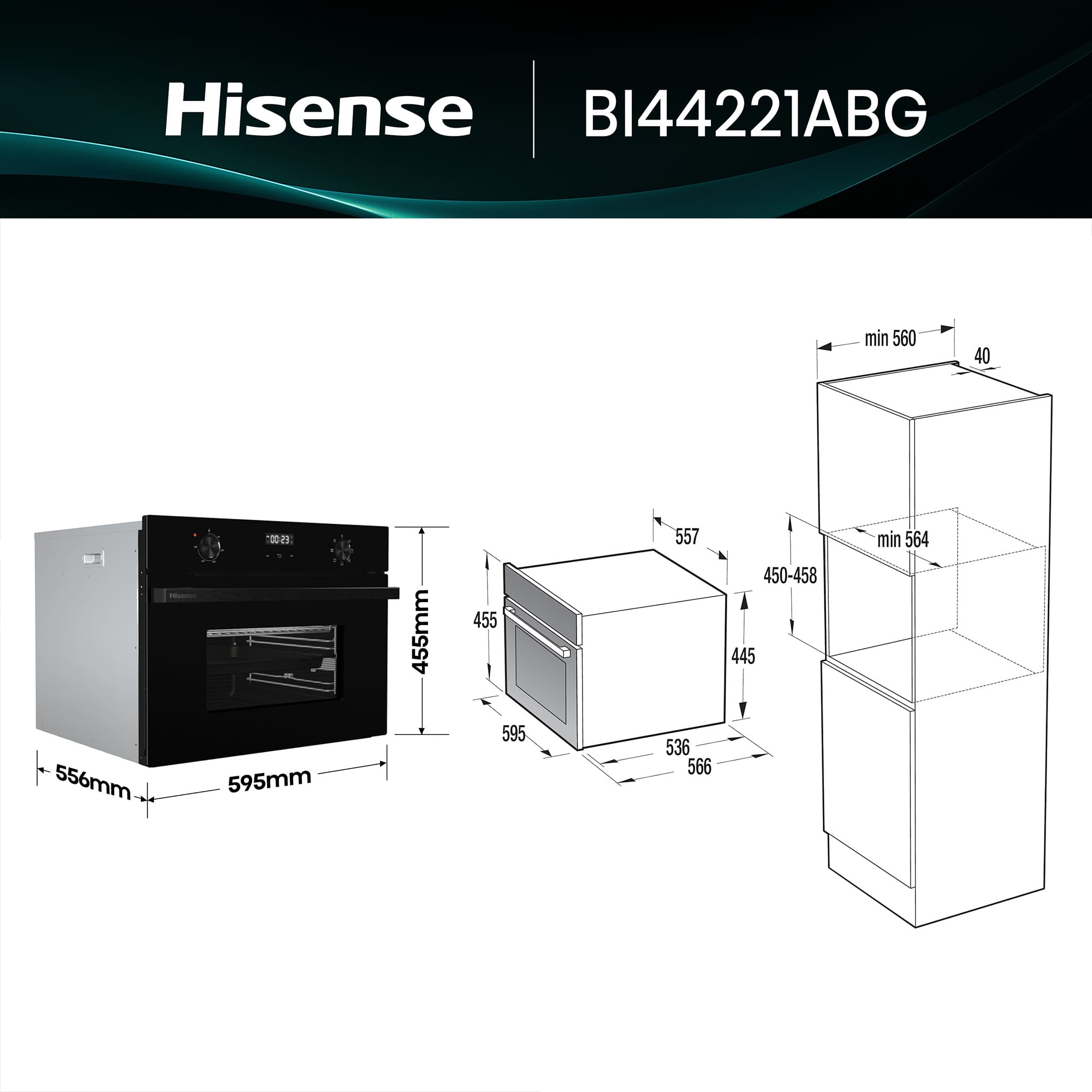 Hisense - BI44221ABG – Horno Compacto, Clase A, Capacidad 49L, Color Cristal Negro