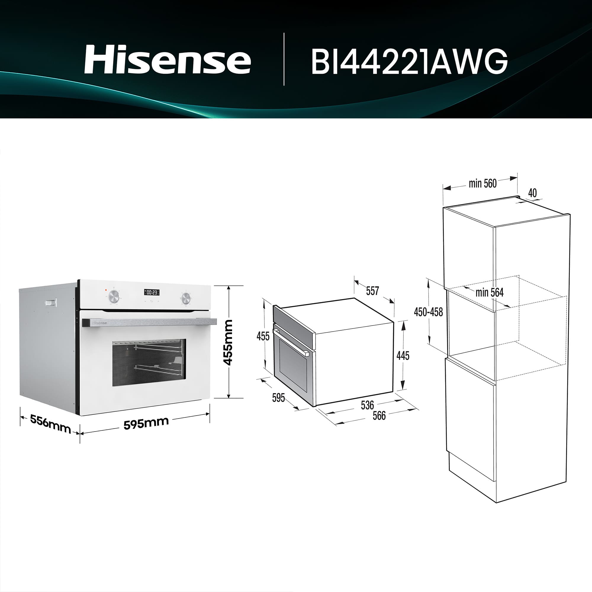 Hisense - BI44221AWG – Horno Compacto, Clase A, Capacidad 49L, Color Cristal Blanco