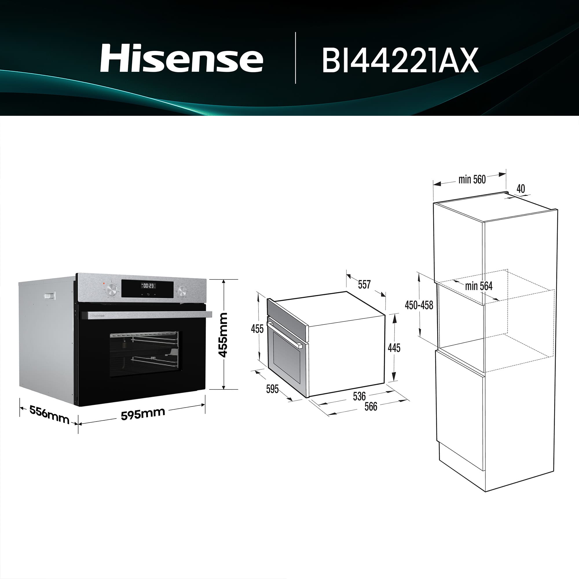 Hisense - BI44221AX – Horno Compacto, Clase A, Capacidad 49L, Color Inox