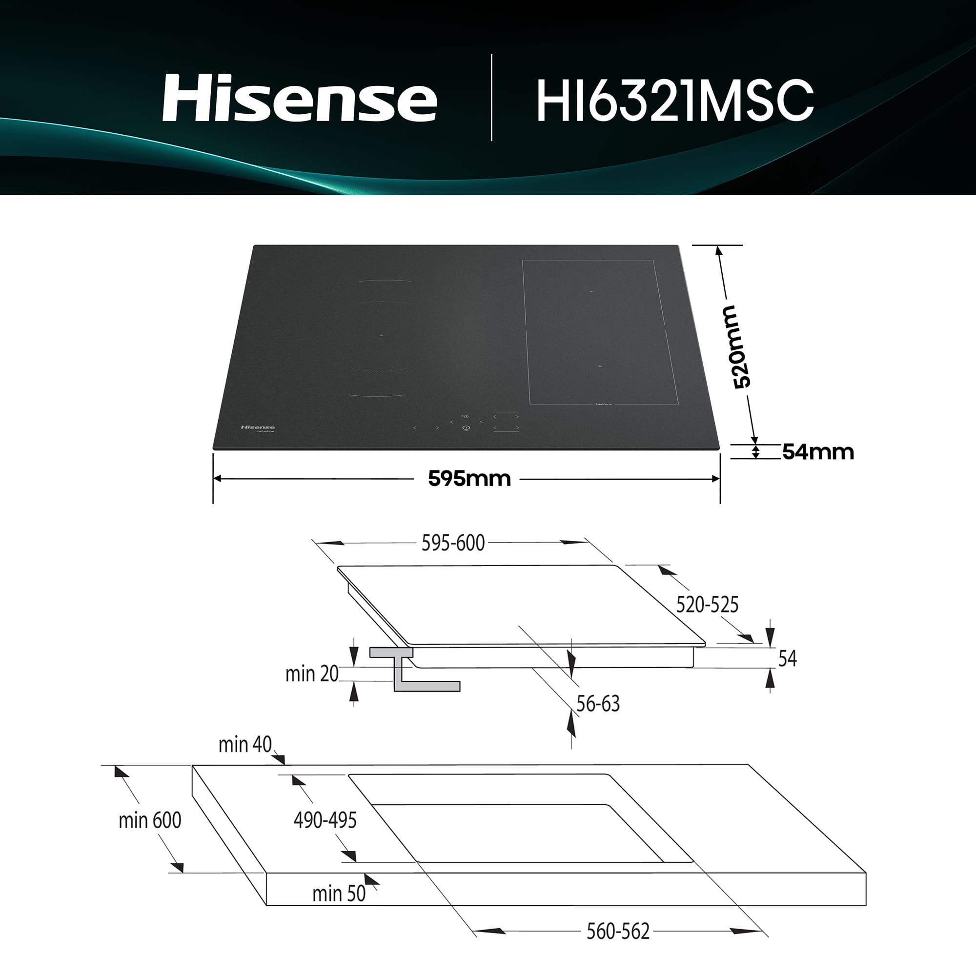 Hisense - HI6321MSC – Placa Inducción Hisense, 4 Zonas, Potencia 7360W, Color Negro Mate