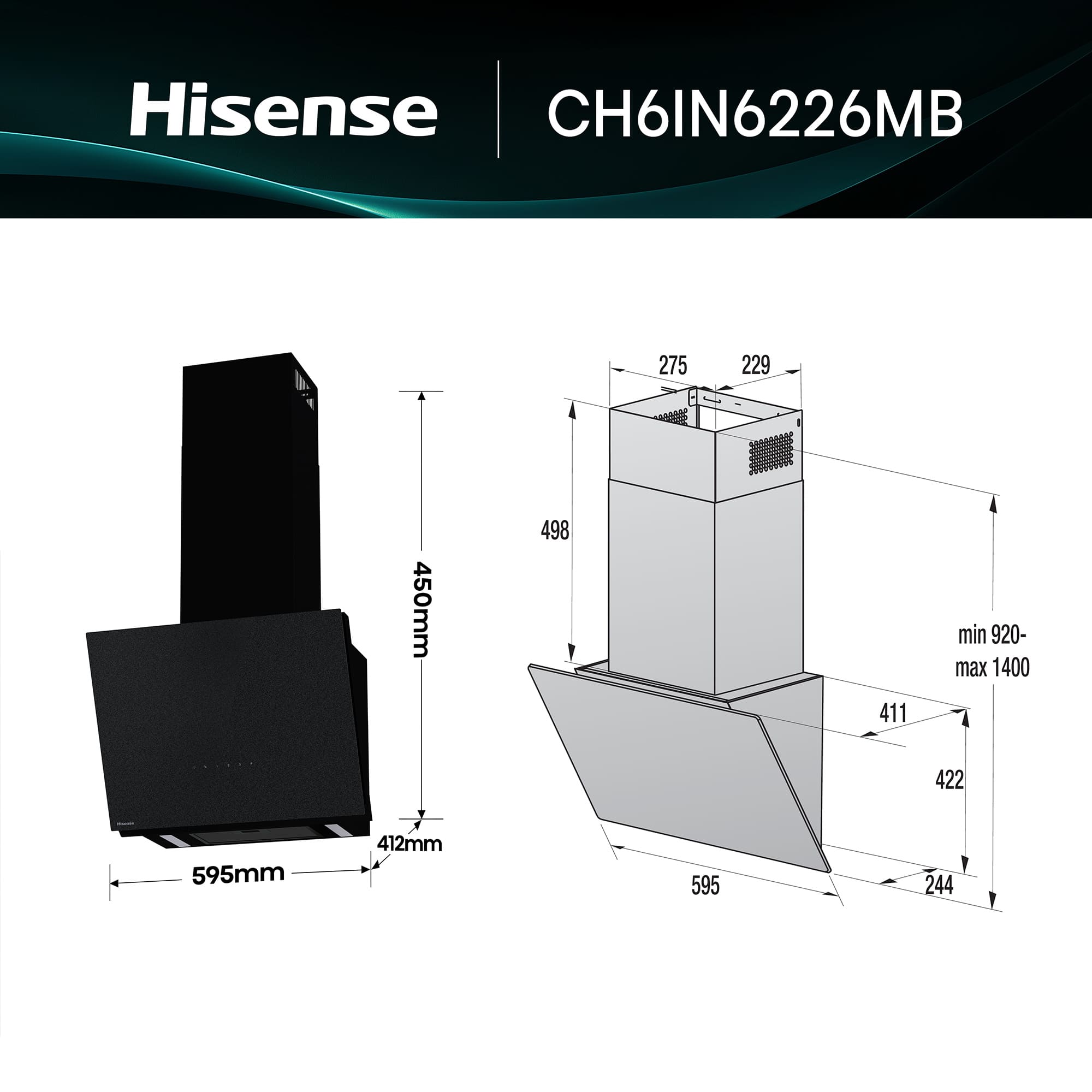 Hisense - CH6IN6226MB – Campana Decorativa 60Cm, Clase A+, Capacidad 485M³/H, Color Negro Mate
