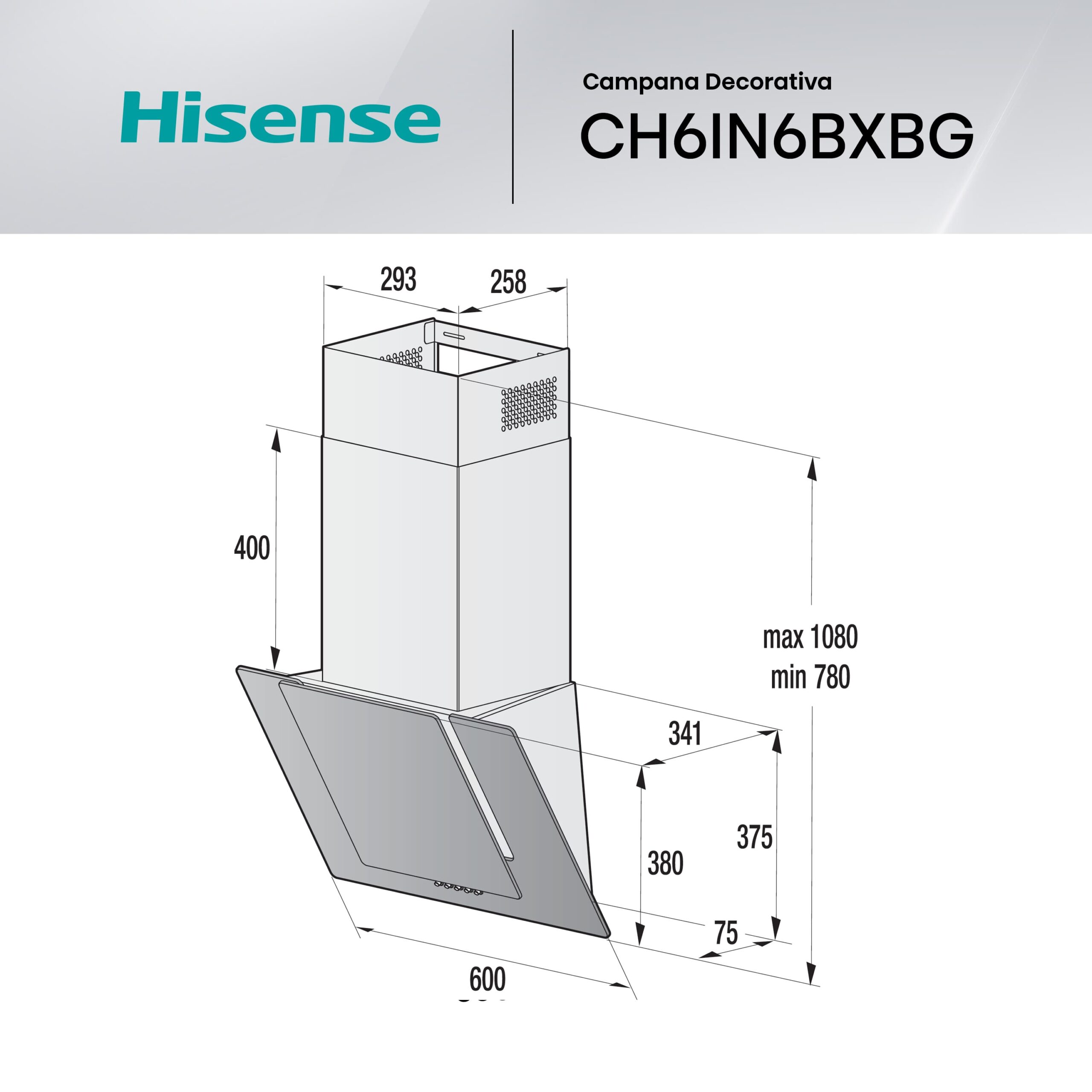 Hisense - CH6IN6BXBG – Campana Extractora Decorativa 60Cm, Clase B, Capacidad 650m³/h, Color Negro