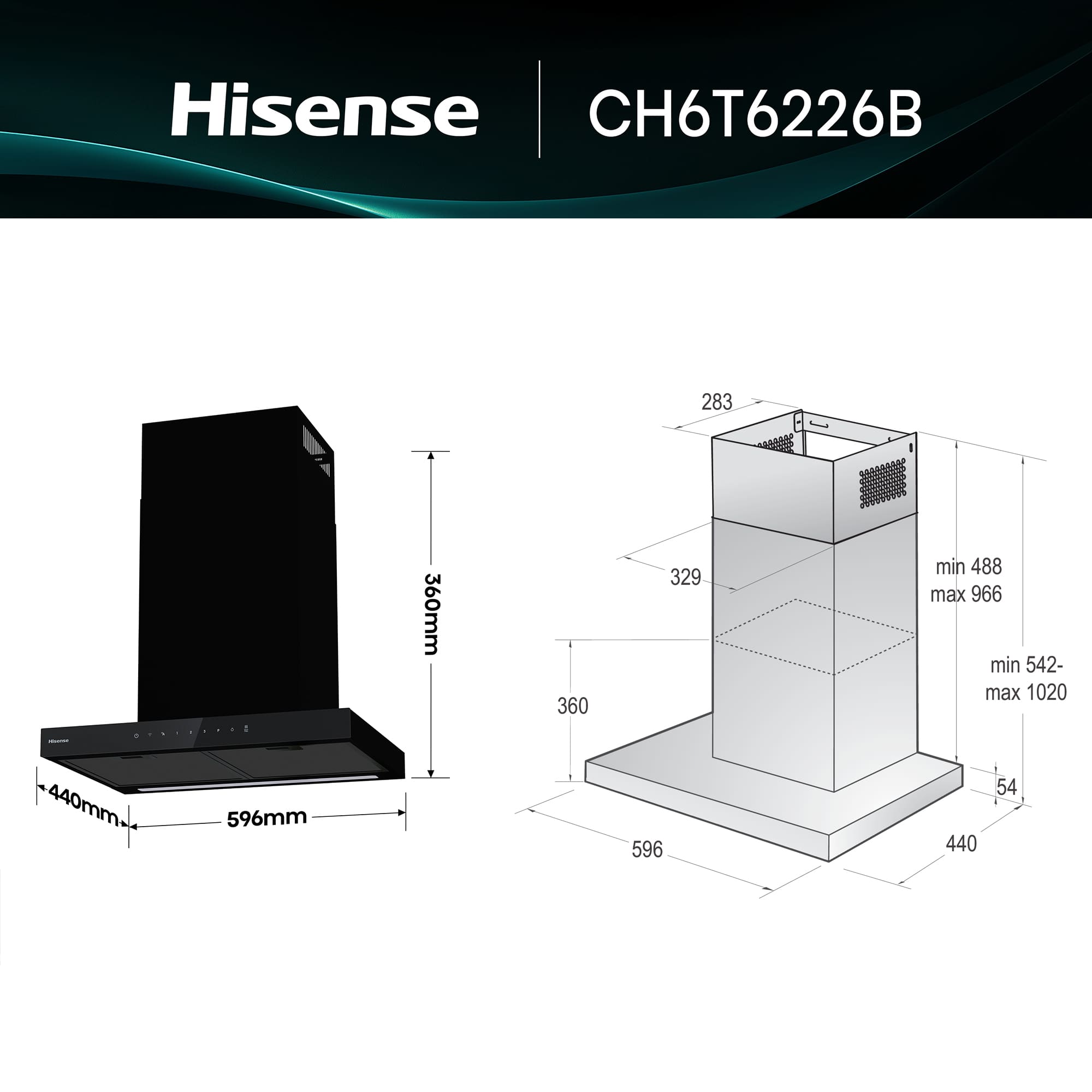 Hisense - CH6T6226B – Campana Extractora Decorativa Tipo T 60Cm, Clase A+, Capacidad 717m³/h, Color Negro