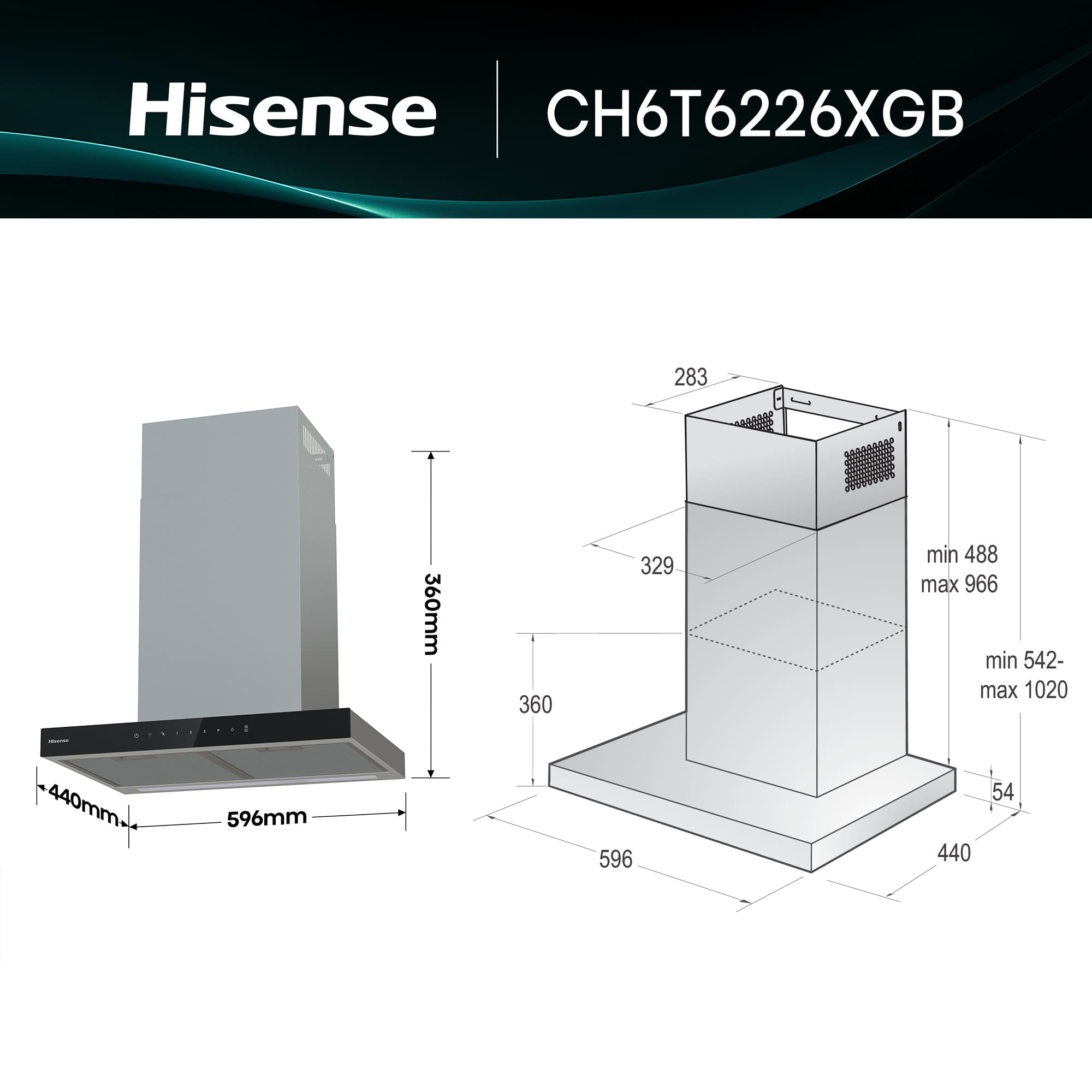 Hisense - CH6T6226XGB – Campana Extractora Decorativa Tipo T 60Cm, Clase A+, Capacidad 717m³/h, Color Inox