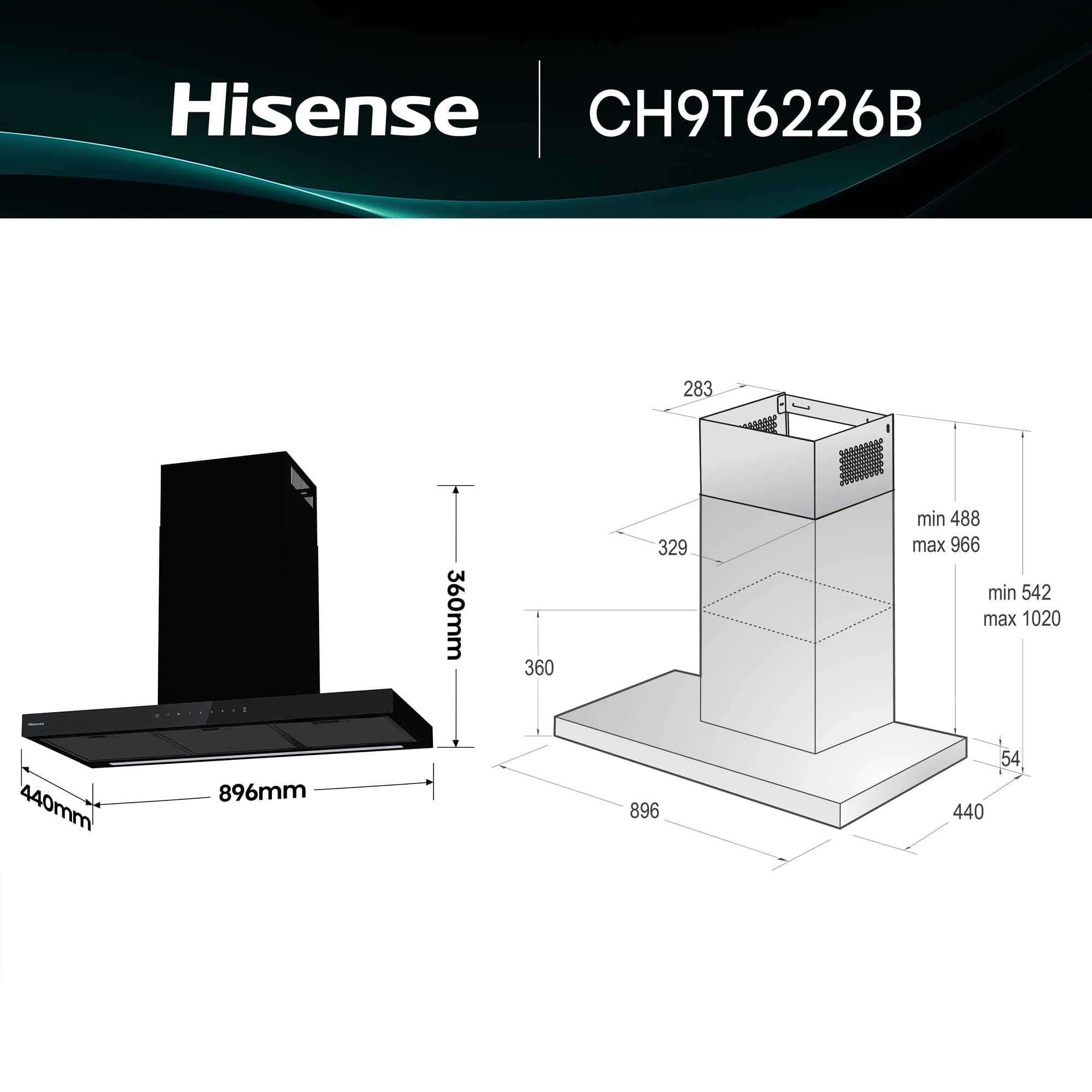 Hisense - CH9T6226B – Campana Extractora Decorativa Tipo T 90Cm, Clase A+, Capacidad 717m³/h, Color Negro