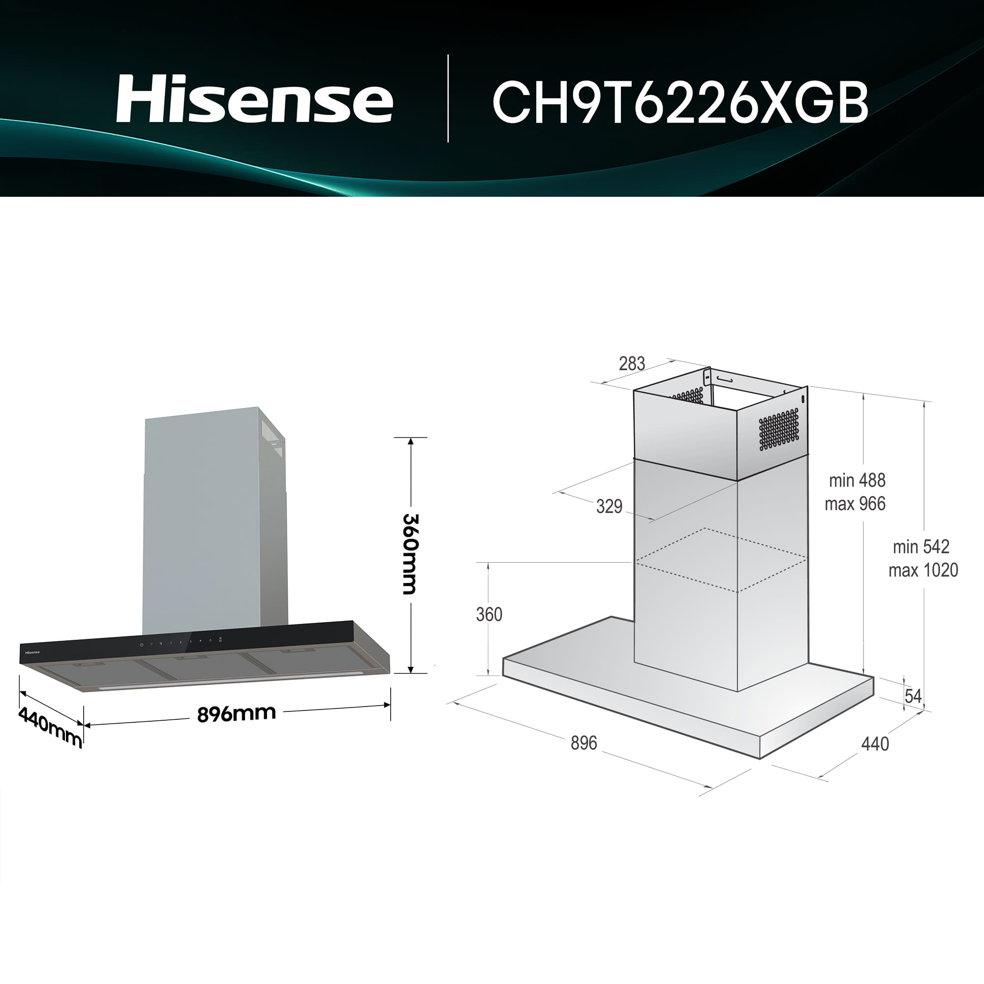 Hisense - CH9T6226XGB – Campana Extractora Decorativa Tipo T 90Cm, Clase A+, Capacidad 717m³/h, Color Inox