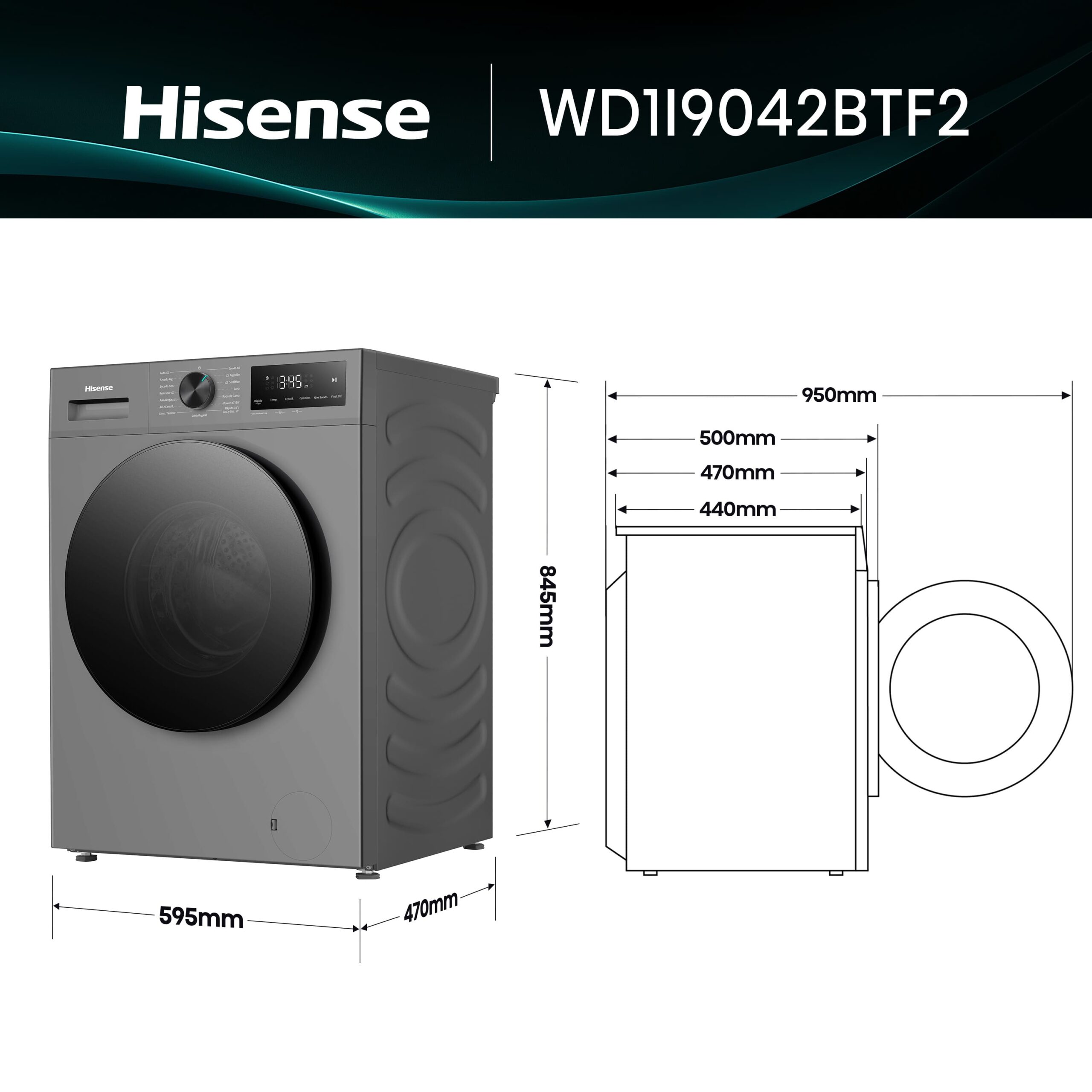 Hisense - WD1I9042BTF2 – Lavasecadora De Libre Instalación, Clase D, 9 kg/5 kg, 1310 rpm, Silver
