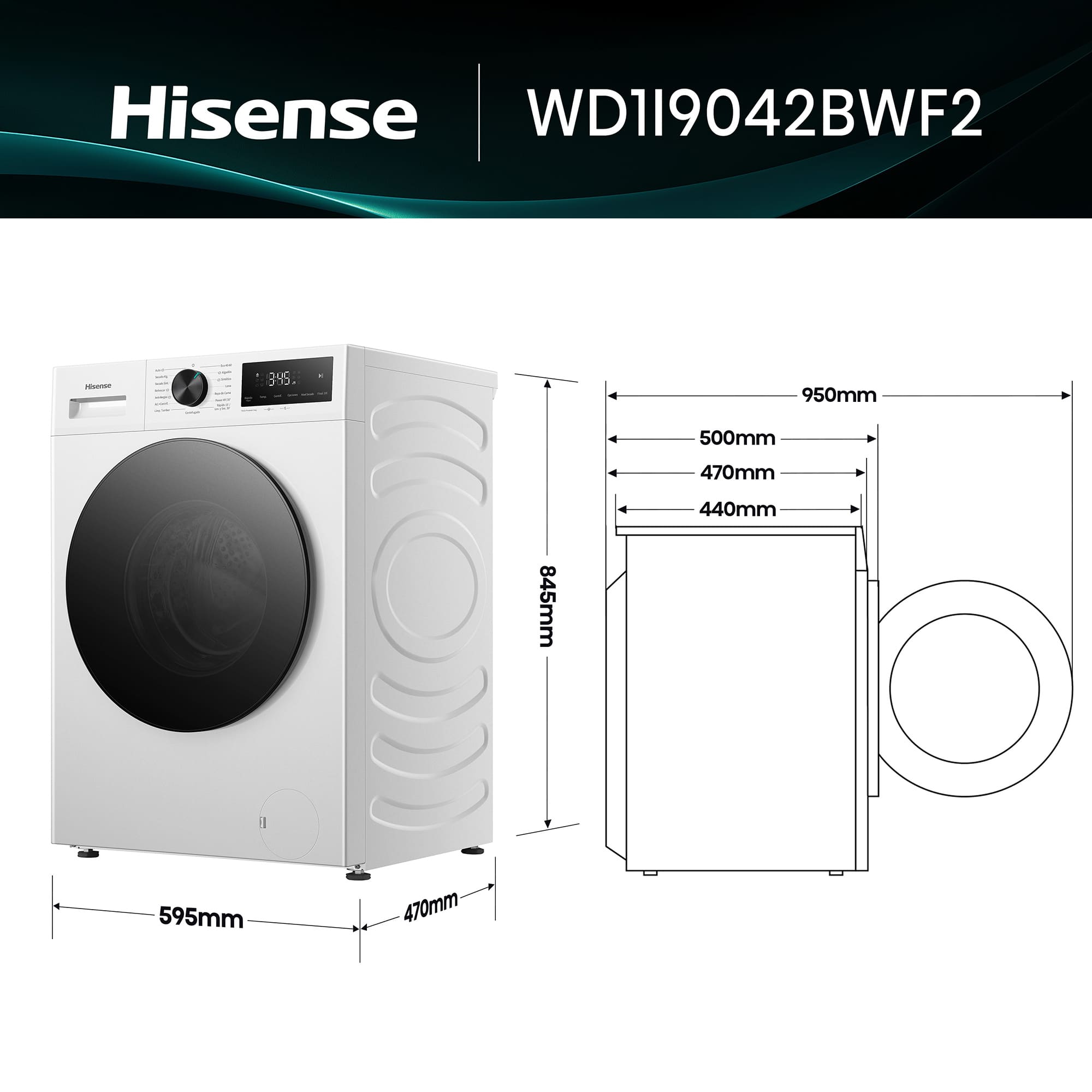 Hisense - WD1I9042BWF2 – Lavasecadora De Libre Instalación, Clase D, 9 kg/5 kg, 1310 rpm, Blanco
