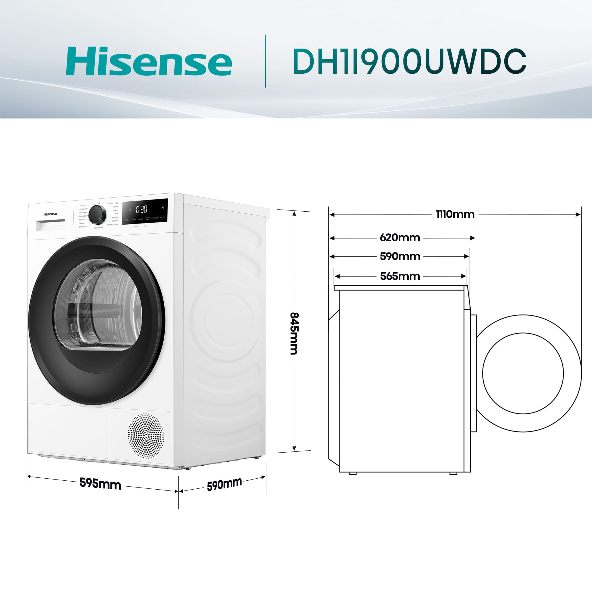 Hisense - DH1I900UWDC – Secadora De Libre Instalación, Clase D, Capacidad 9 Kg, Color Blanco