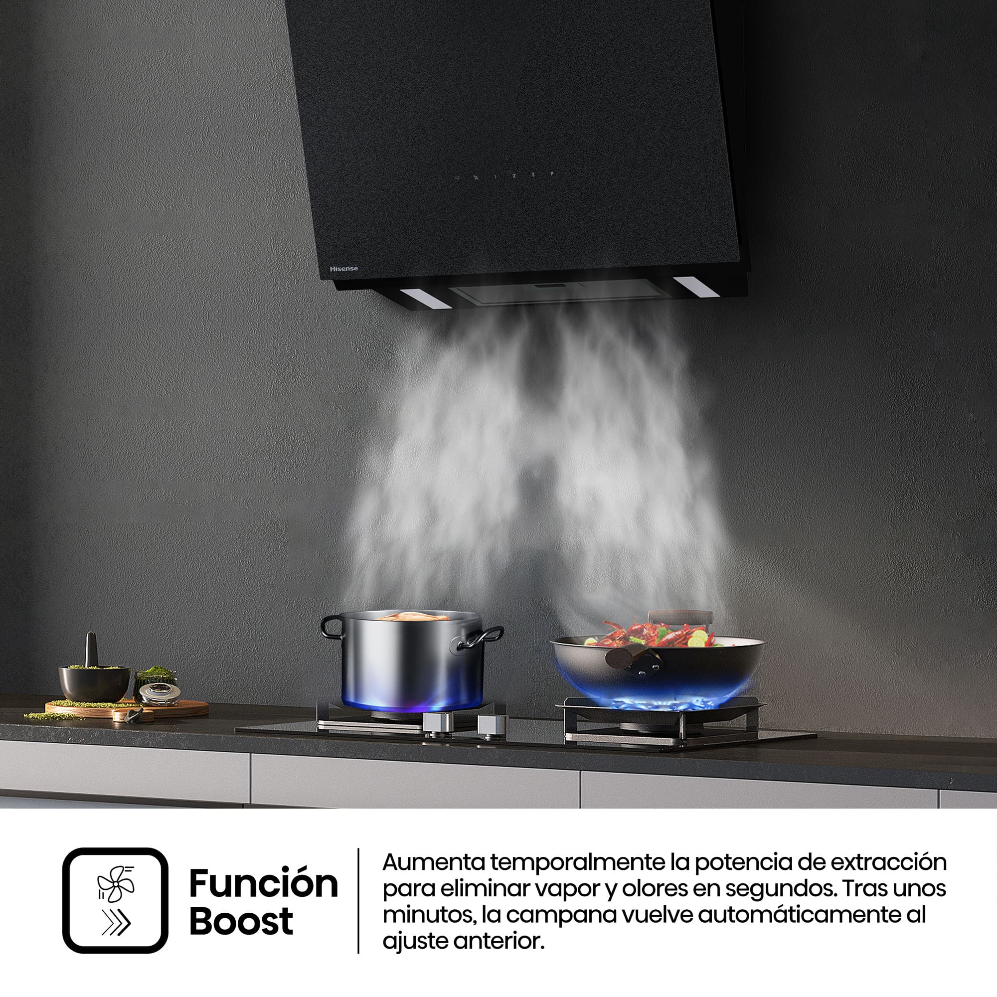 Hisense - CH6IN6226MB – Campana Decorativa 60Cm, Clase A+, Capacidad 485M³/H, Color Negro Mate