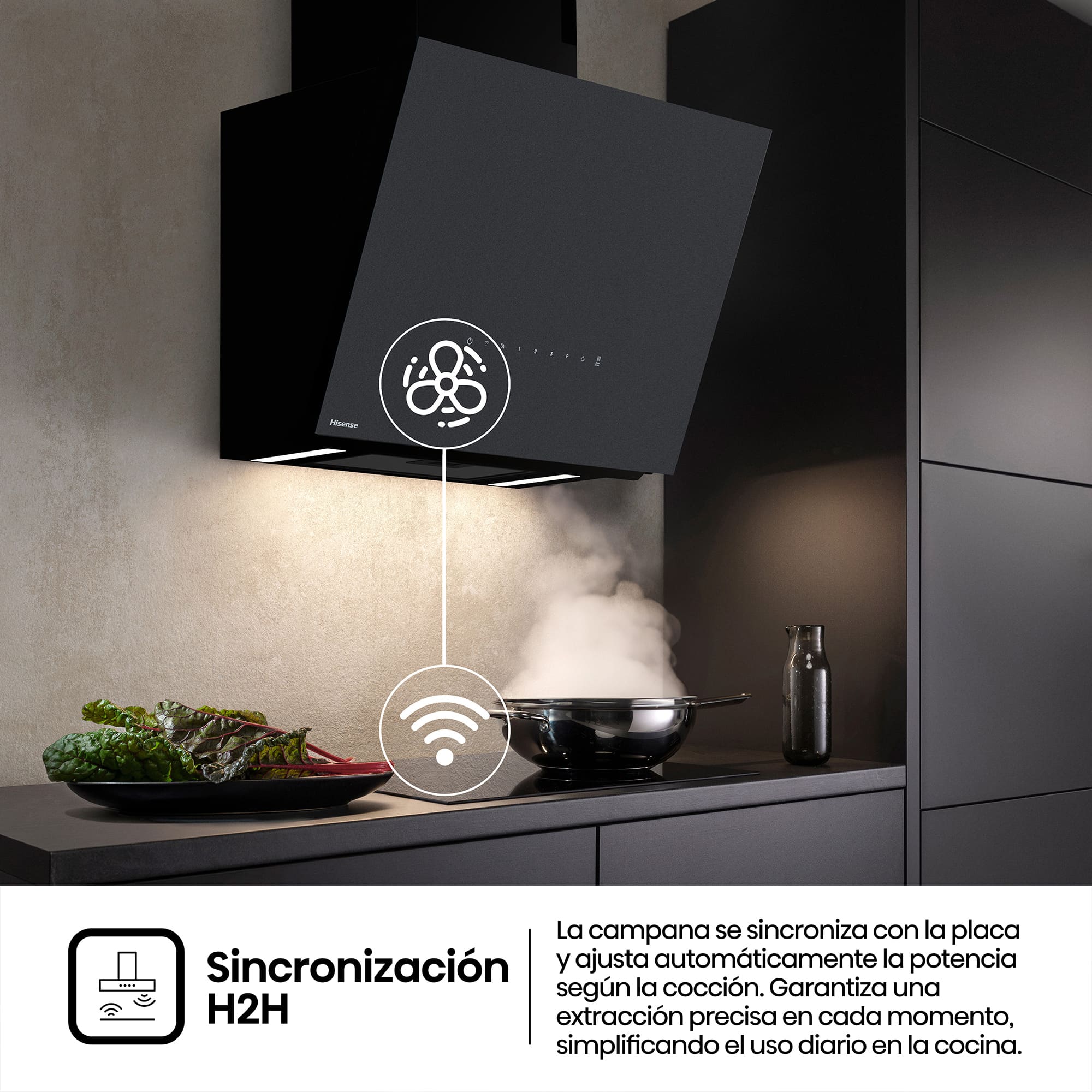 Hisense - CH6IN6226MB – Campana Decorativa 60Cm, Clase A+, Capacidad 485M³/H, Color Negro Mate