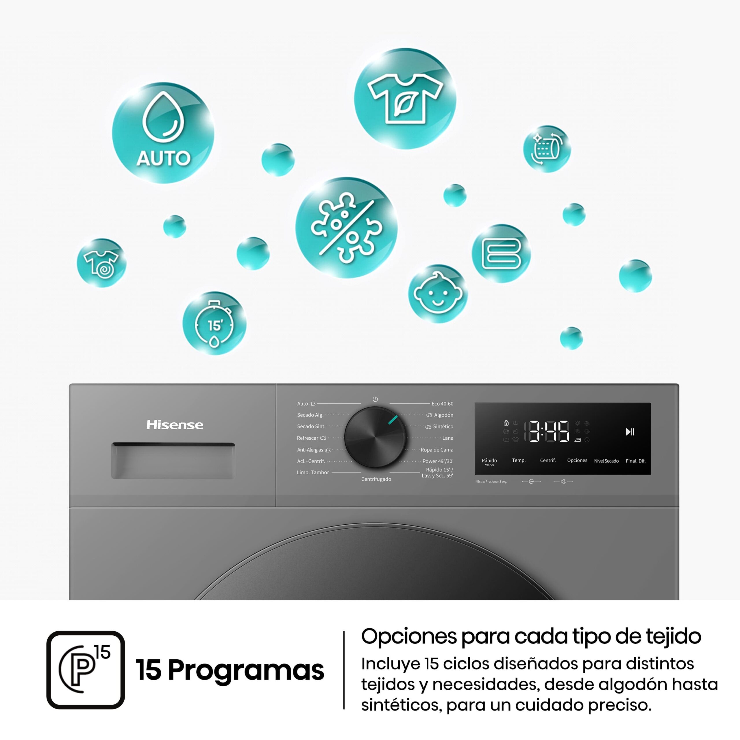Hisense - WD1I9042BTF2 – Lavasecadora De Libre Instalación, Clase D, 9 kg/5 kg, 1310 rpm, Silver