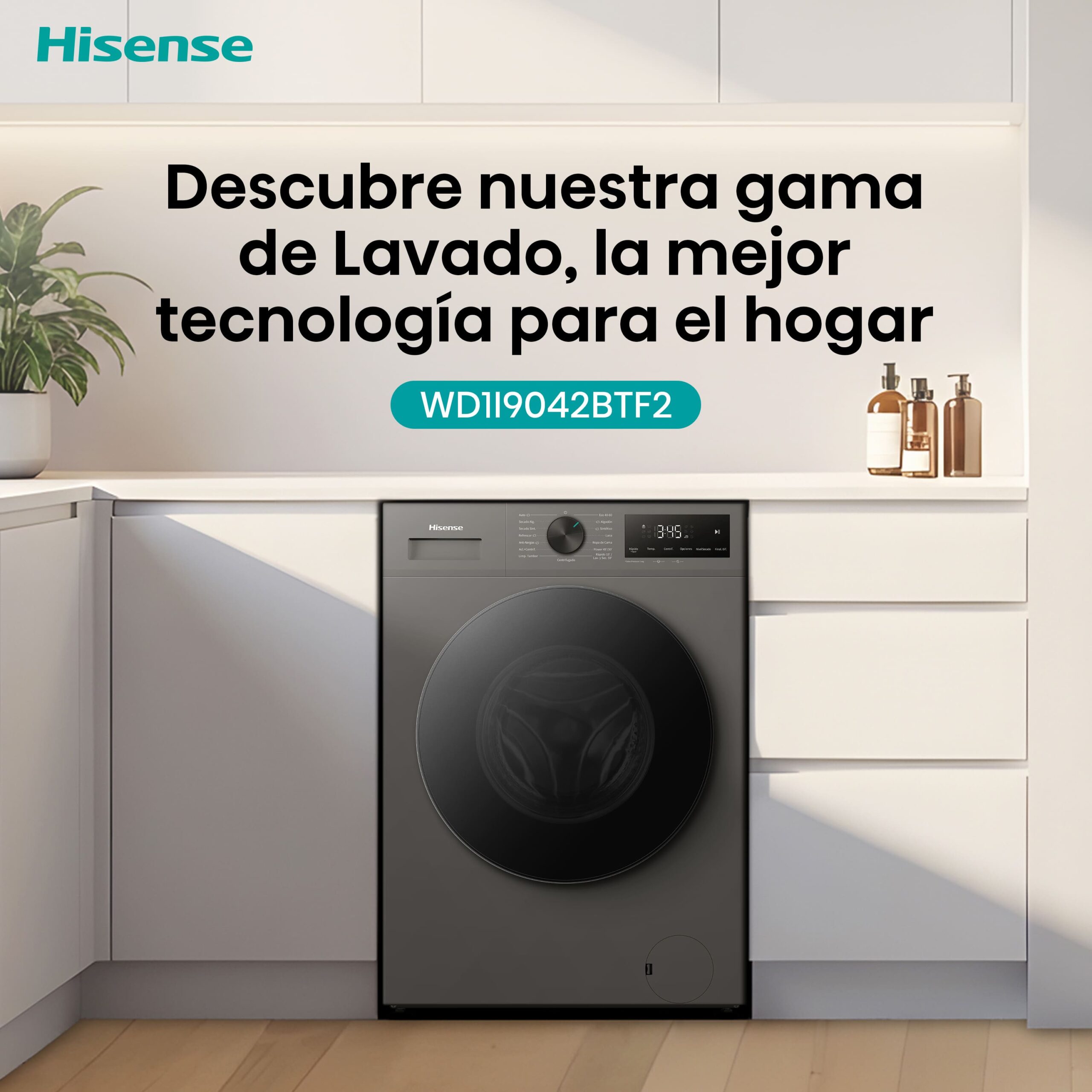 Hisense - WD1I9042BTF2 – Lavasecadora De Libre Instalación, Clase D, 9 kg/5 kg, 1310 rpm, Silver