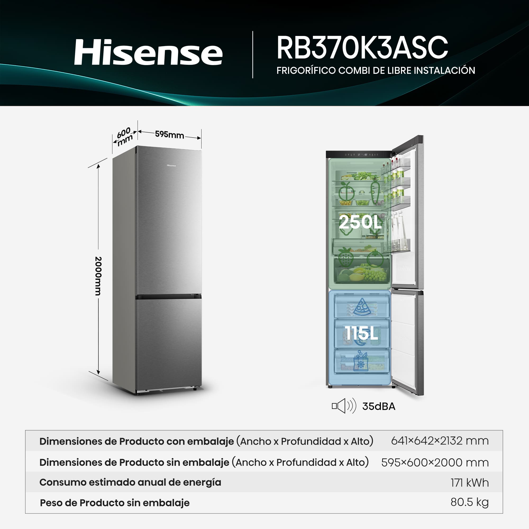 Hisense - RB370K3ASC – Frigorífico Combi 2 Puertas De Kitchenfit, Clase C, Capacidad 365L, Color Inox