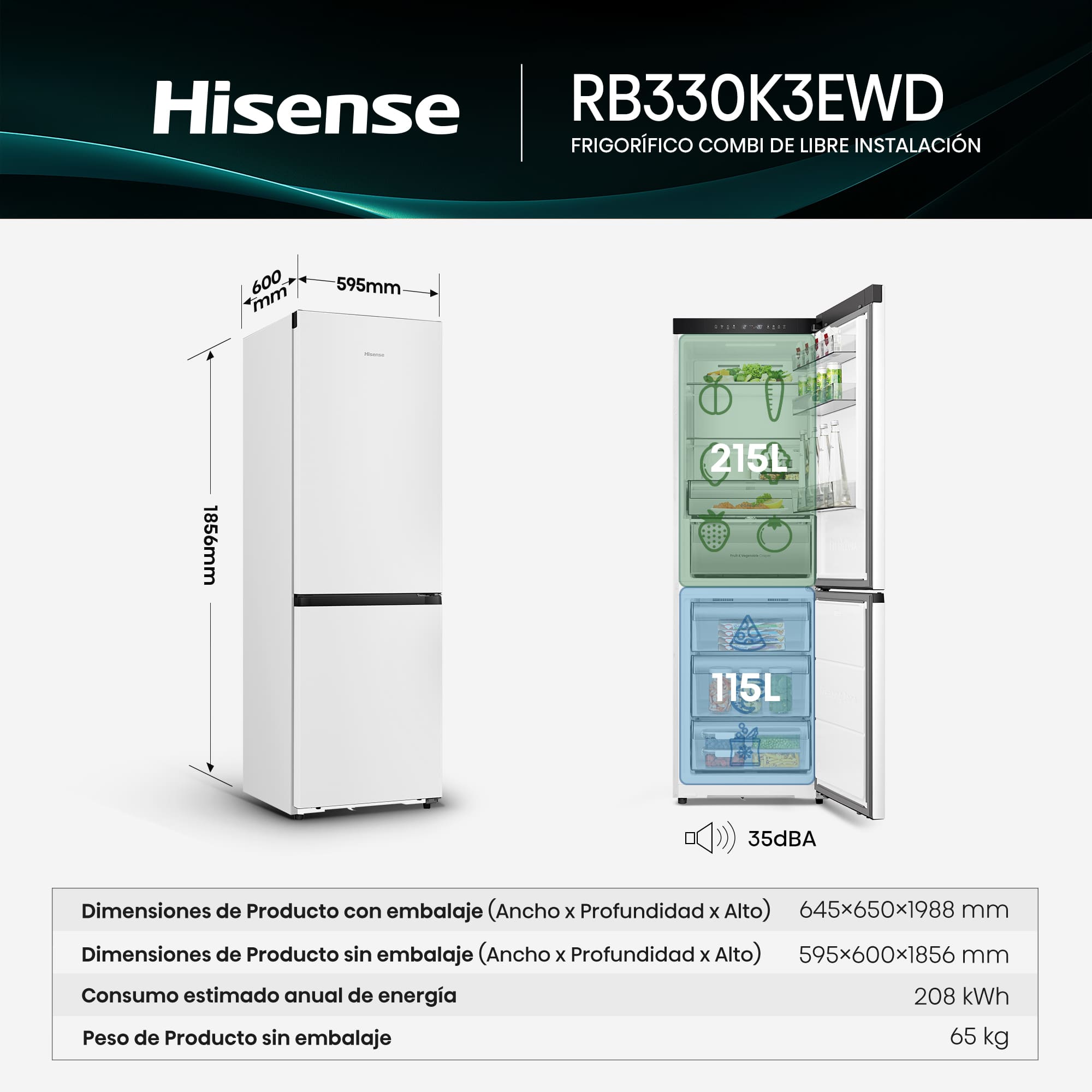 Hisense - RB330K3EWD – Frigorífico Combi 2 Puertas De Kitchenfit, Clase D, Capacidad 330L, Color Blanco