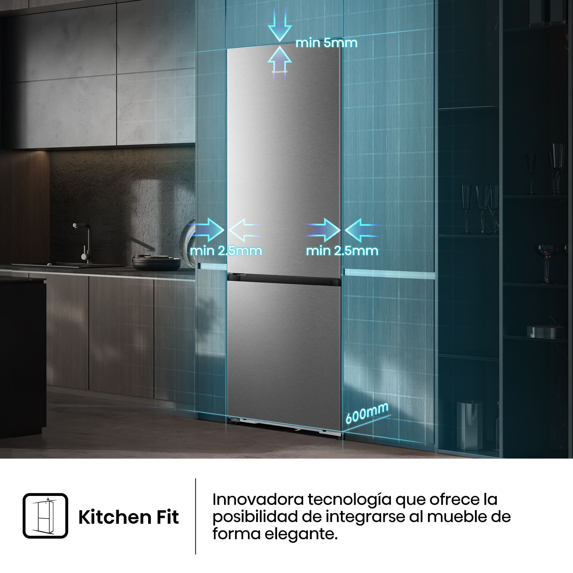 Hisense - RB370K3ASC – Frigorífico Combi 2 Puertas De Kitchenfit, Clase C, Capacidad 365L, Color Inox