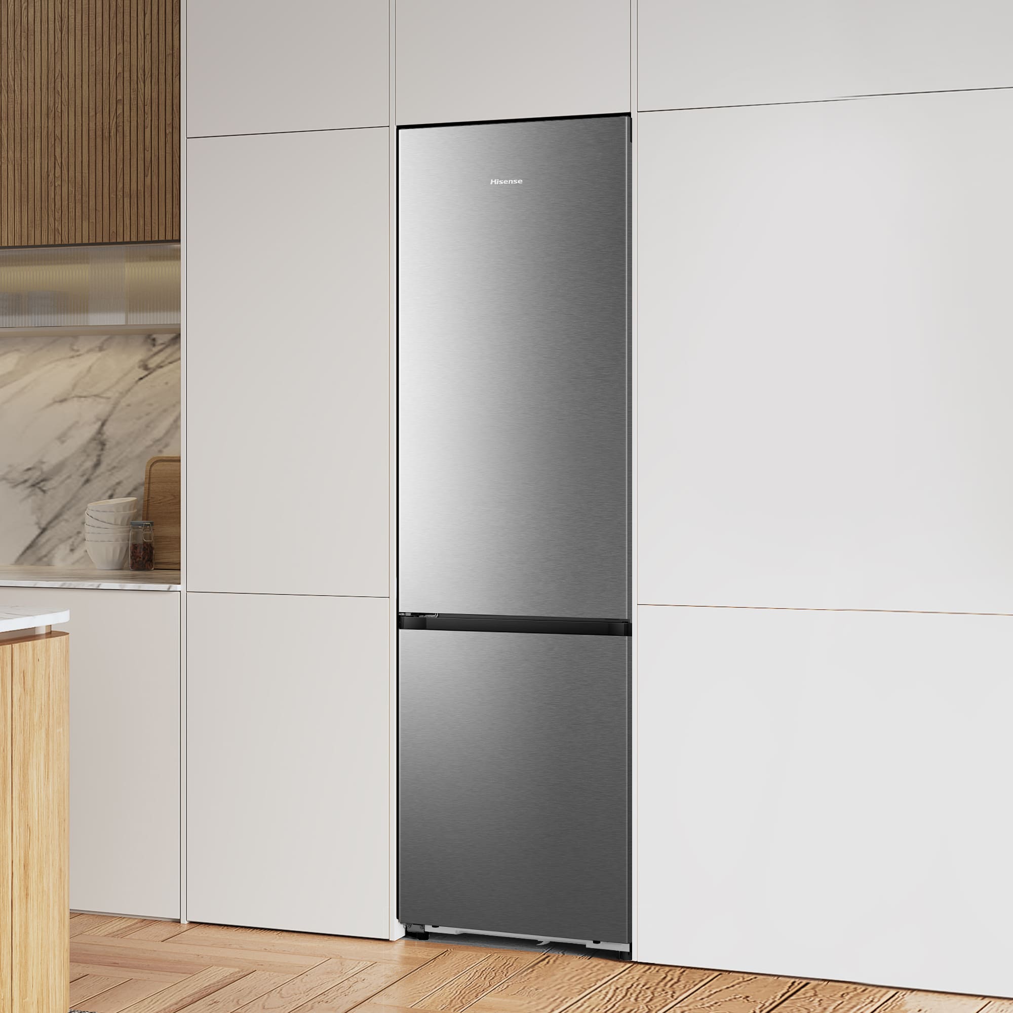 Hisense - RB370K3ASC – Frigorífico Combi 2 Puertas De Kitchenfit, Clase C, Capacidad 365L, Color Inox