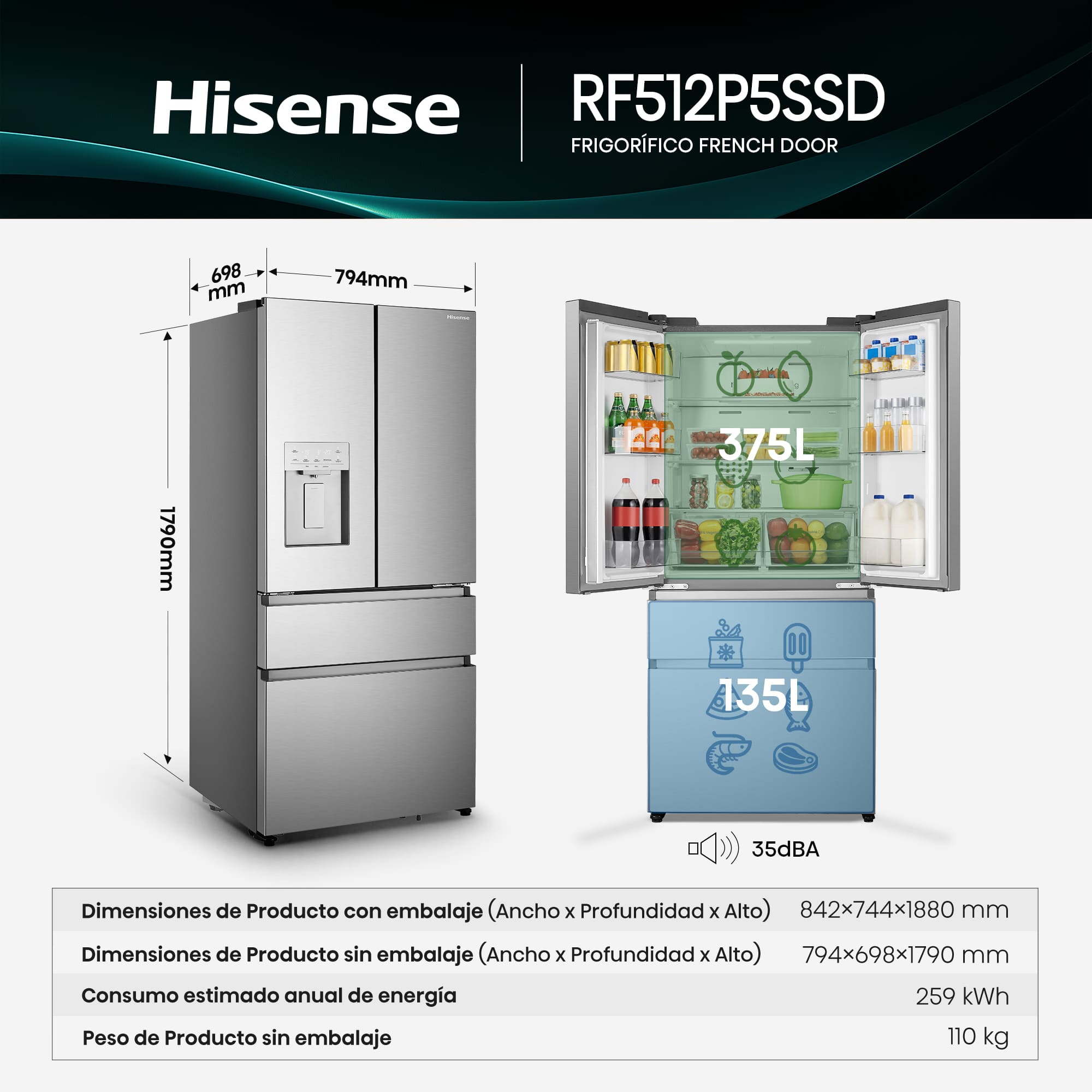 Hisense - RF512P5SSD – Frigorífico Americano Cajón Francés De Libre Instalación, Clase D, Capacidad 510L, Color Inox
