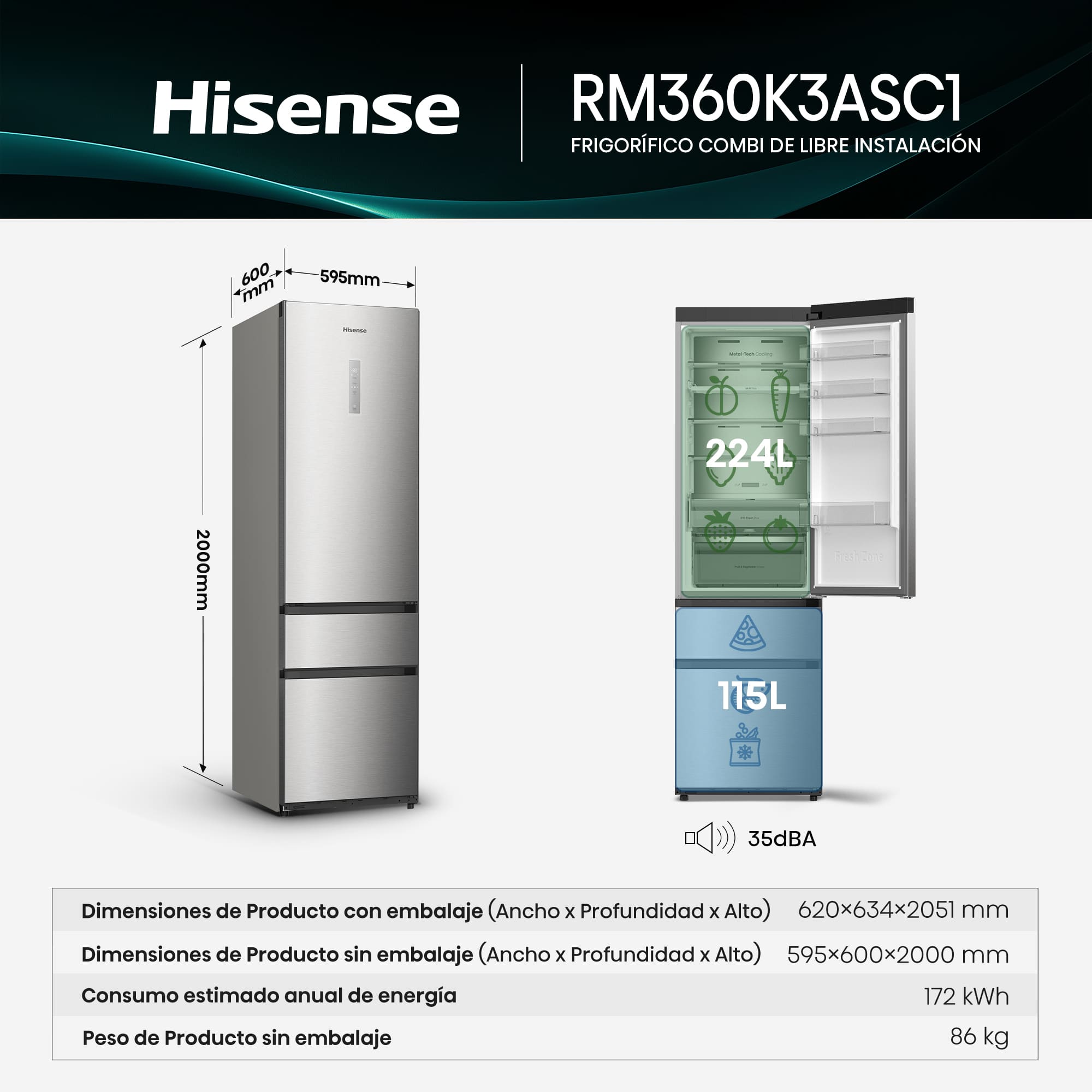 Hisense - RM360K3ASC1 – Frigorífico Combi 3 Puertas De Kitchenfit, Clase C , Capacidad 365L, Color Inox