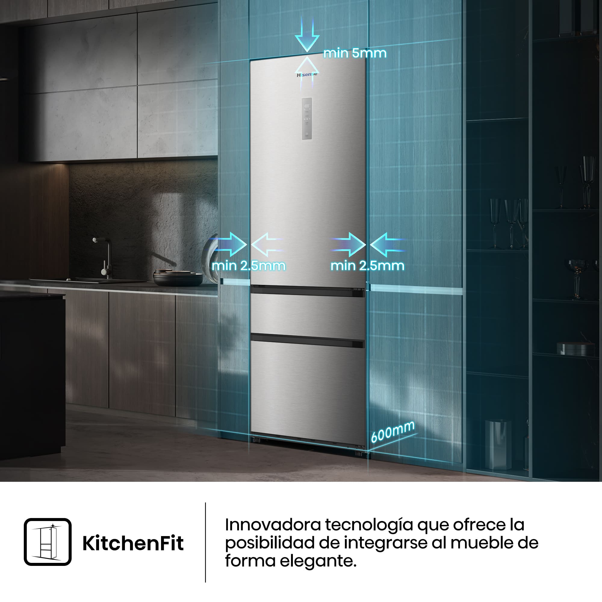 Hisense - RM360K3ASC1 – Frigorífico Combi 3 Puertas De Kitchenfit, Clase C , Capacidad 365L, Color Inox