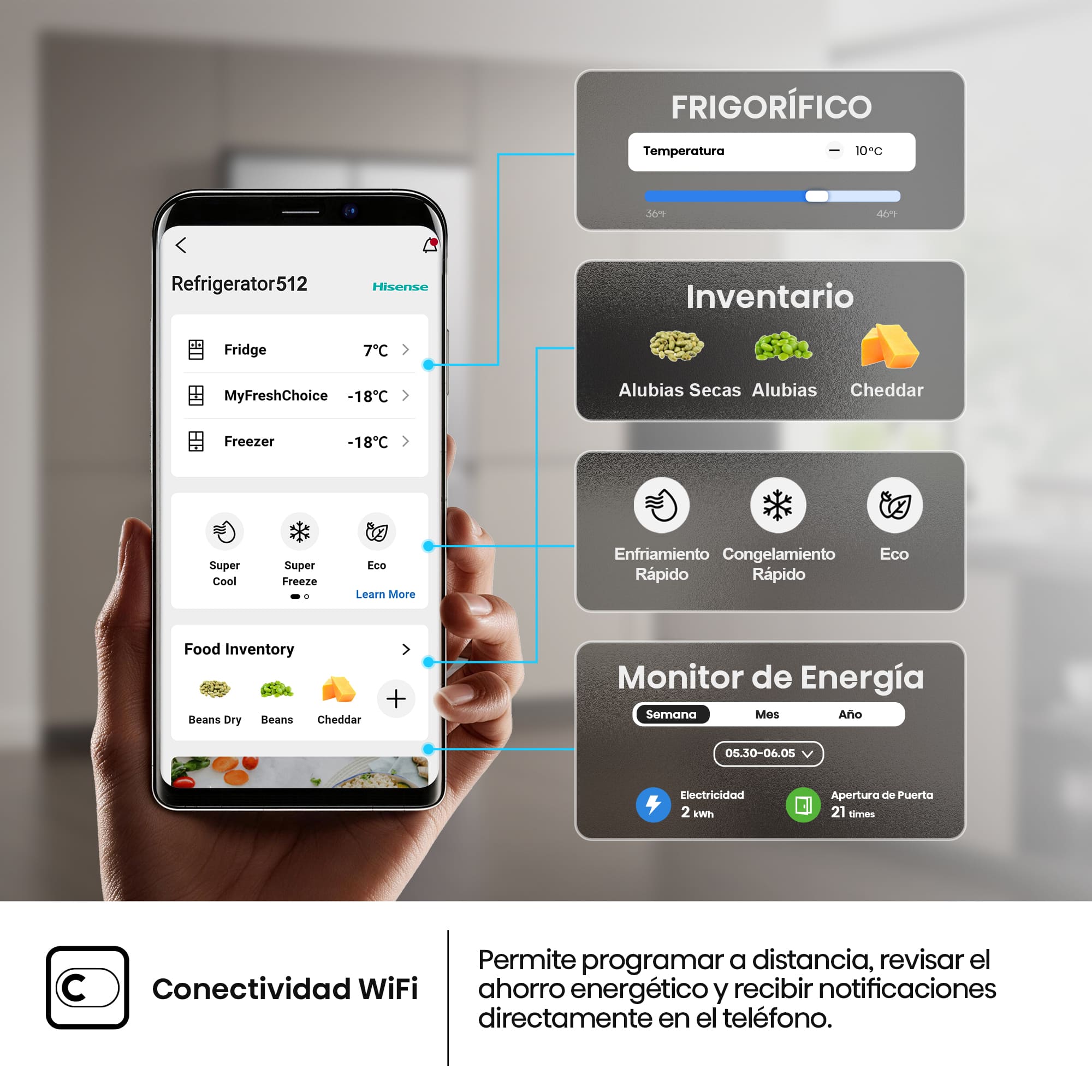 Hisense - RF512P5SSD – Frigorífico Americano Cajón Francés De Libre Instalación, Clase D, Capacidad 510L, Color Inox