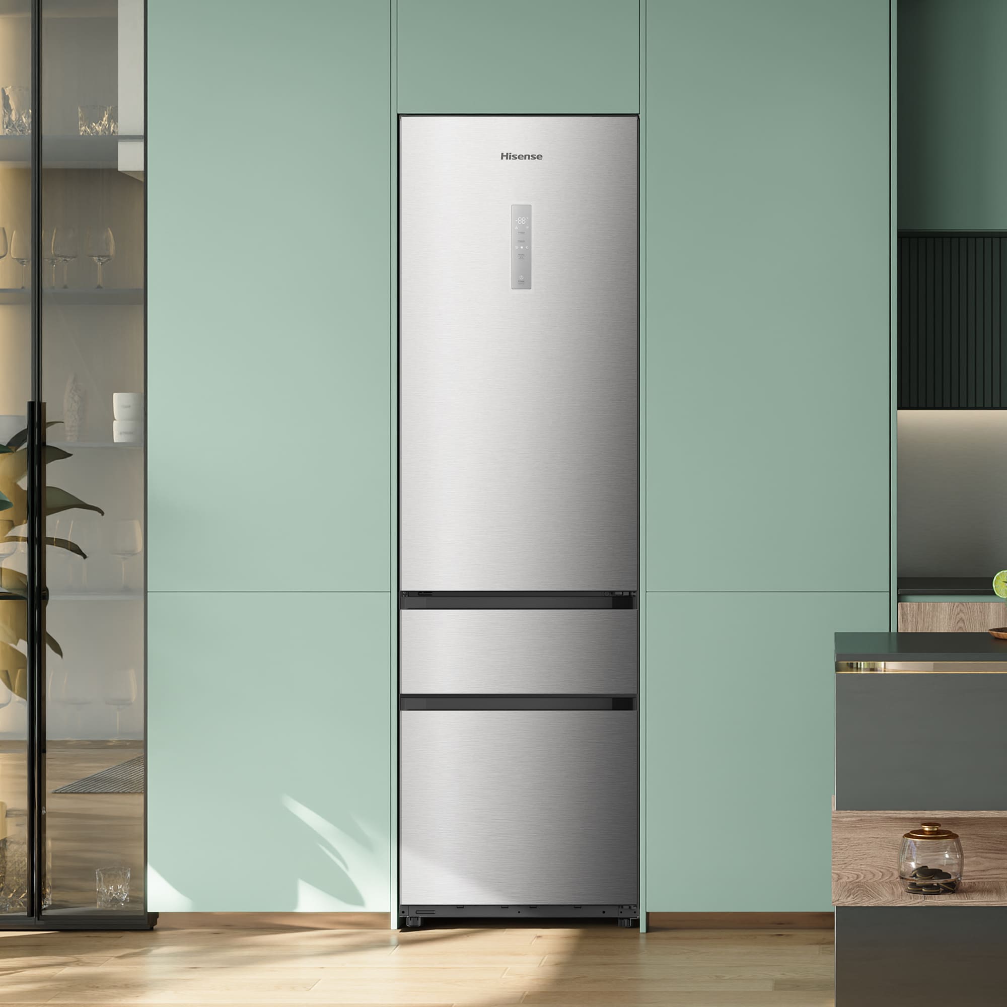 Hisense - RM360K3ASC1 – Frigorífico Combi 3 Puertas De Kitchenfit, Clase C , Capacidad 365L, Color Inox