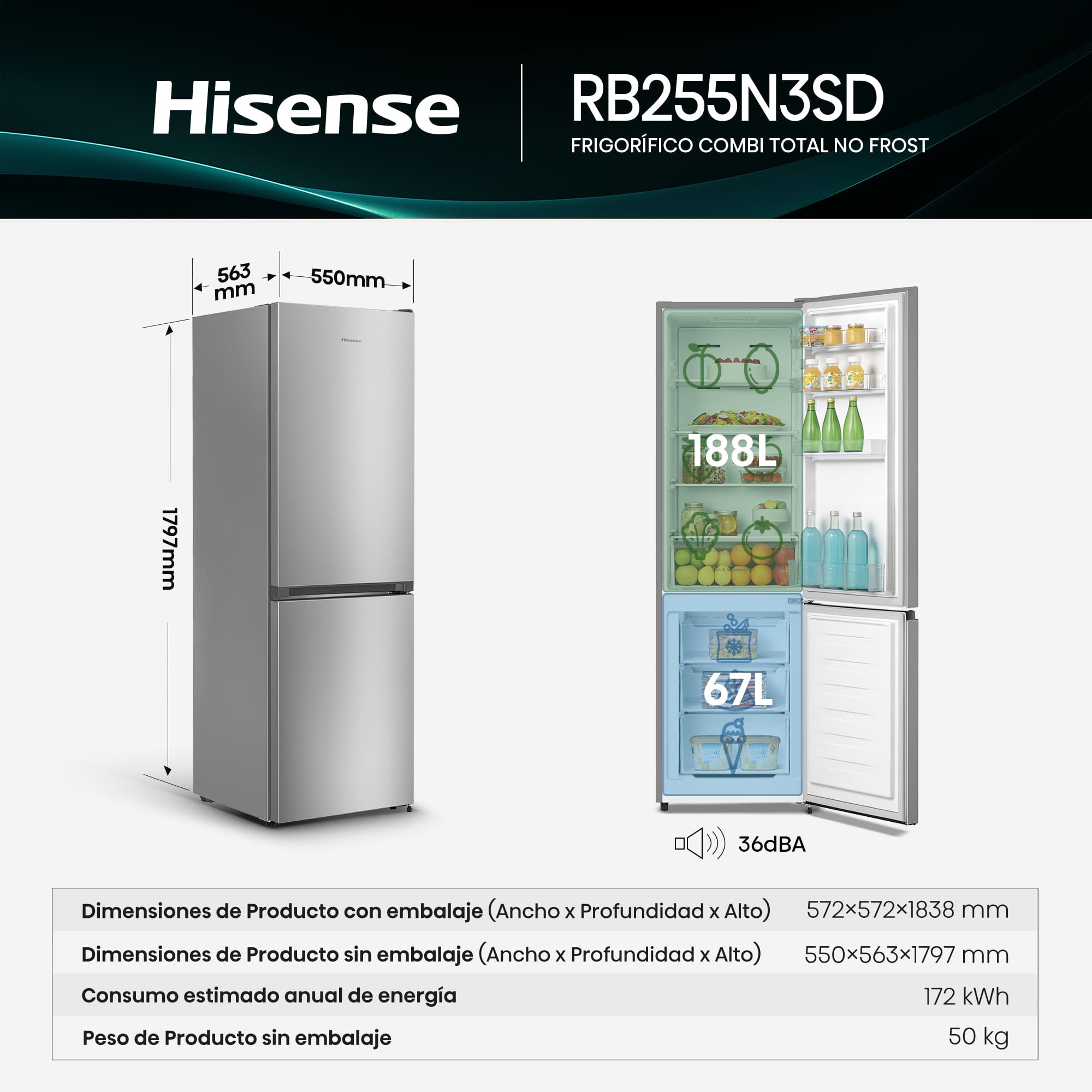 Hisense - RB255N3SD – Frigorífico Combi 2 Puertas De Libre Instalación, Clase D, Capacidad 255L, Color Inox